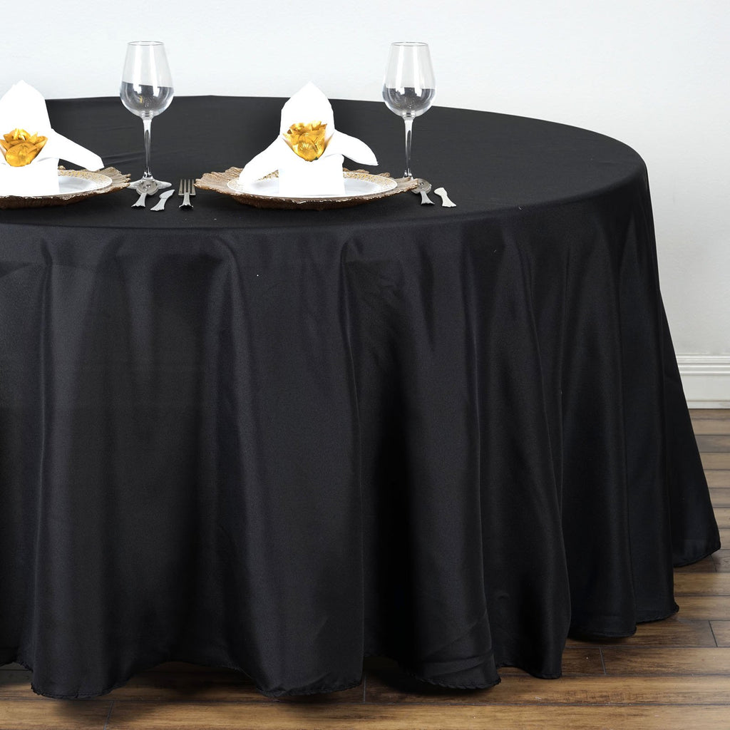 Tableclothsfactory 132 Inch Black Round Tablecloth - Linens Polyester Table Cloth, Stain And Wrinkle Resistant Washable Table Co