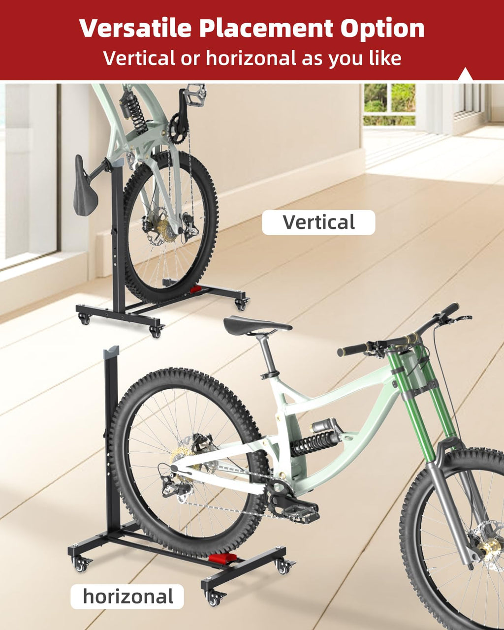 Fitense Bike Rack, Vertical Bike Stand With Swivel Casters, Horizontal Adjustable Height Bicycle Stand For Apartment, Bike Holde