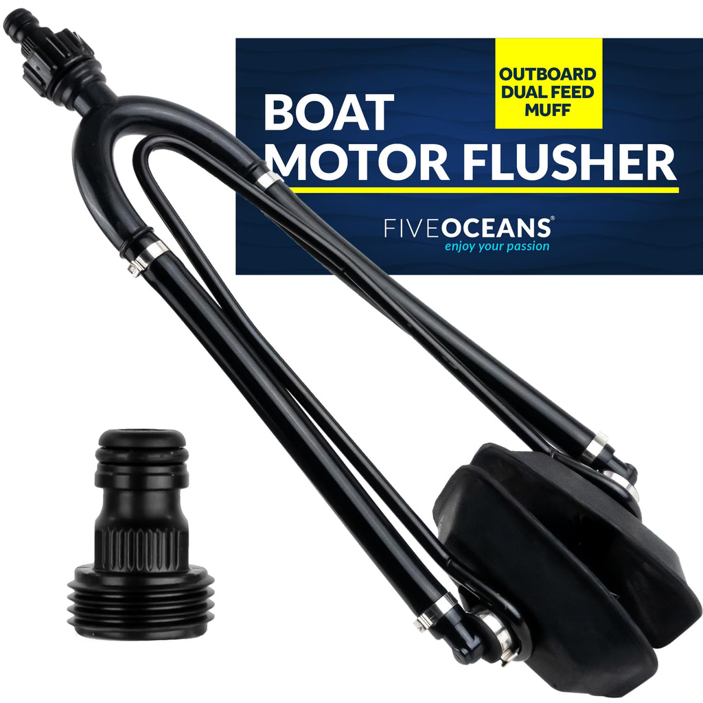 Five Oceans Outboard Motor Muffs, Dual Feed Muff Boat Motor Flusher, Black Pvc Marine Grade Rectangular Muffs, Coated Steel Brac