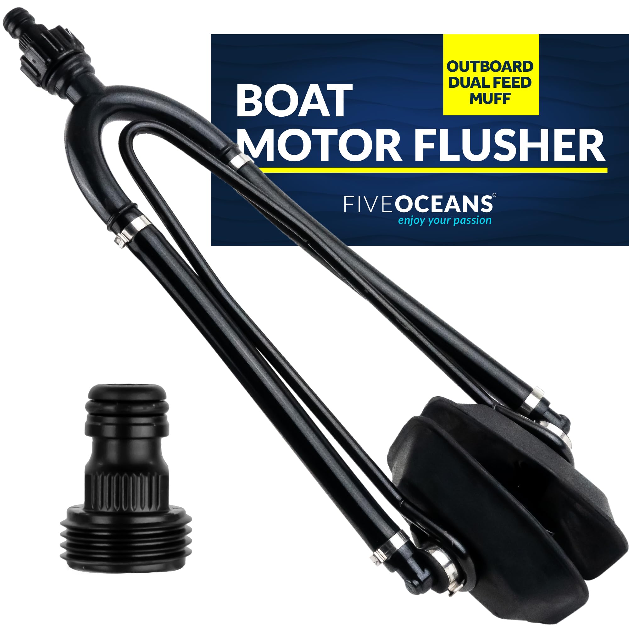 Five Oceans Outboard Motor Muffs, Dual Feed Muff Boat Motor Flusher, Black Pvc Marine Grade Rectangular Muffs, Coated Steel Brac