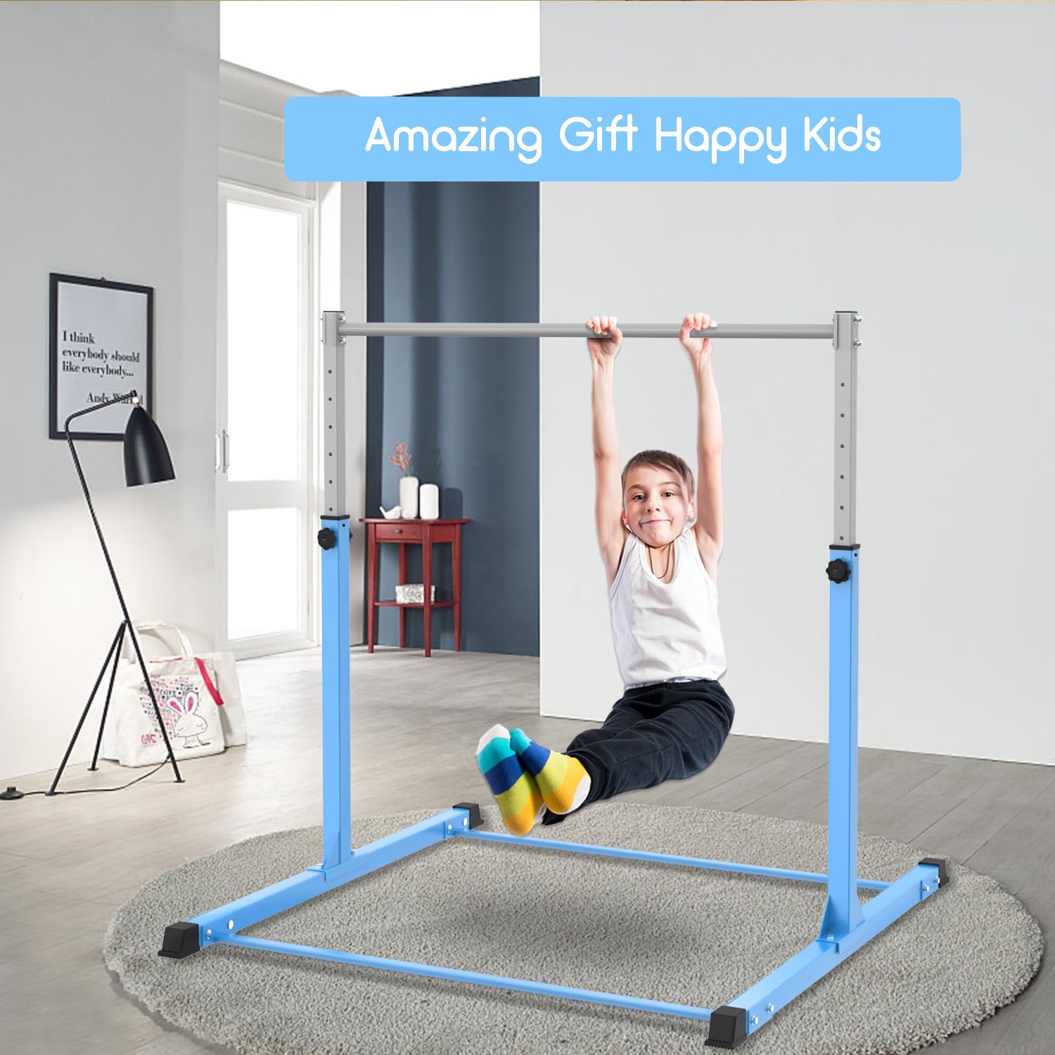 Safly Fun Gymnastics Bar For Kids Ages 3-15 For Home - Steady Steel Construction, Anti-Slip, Easy To Assemble, 3 To 5 Adjustable