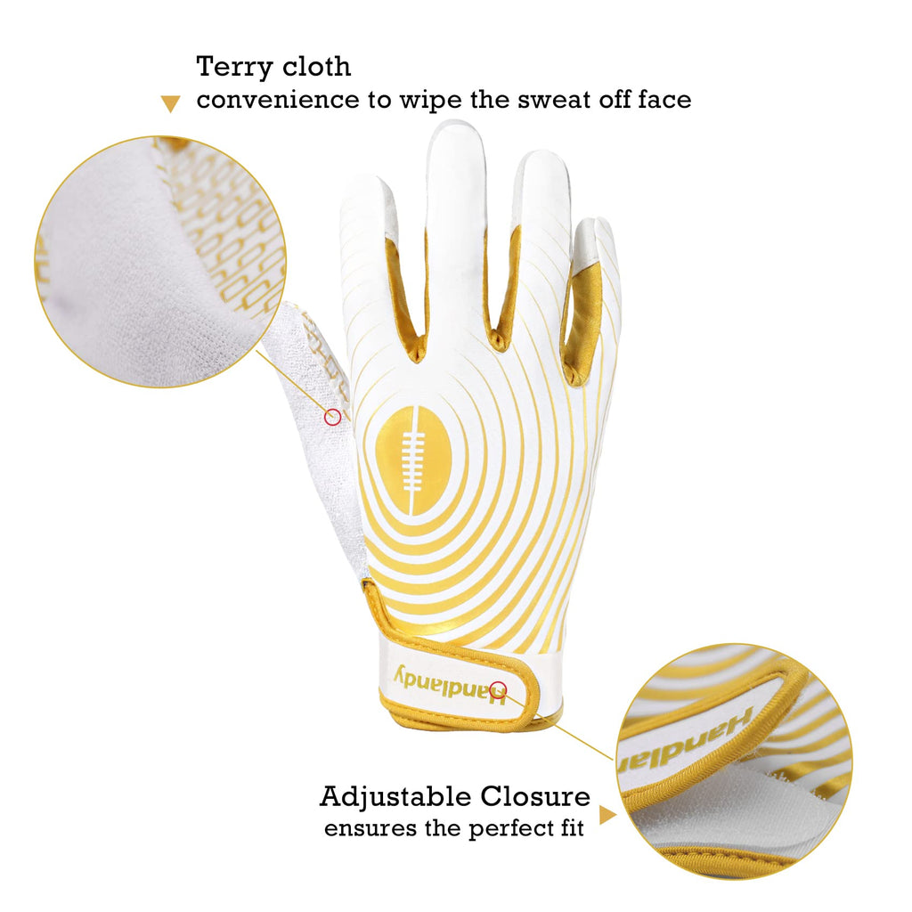 HANDLANDY Kids Football Gloves, Sticky Wide Receiver Gloves for Youth, White and Gold Stretch Fit Football Glove (White and Gold