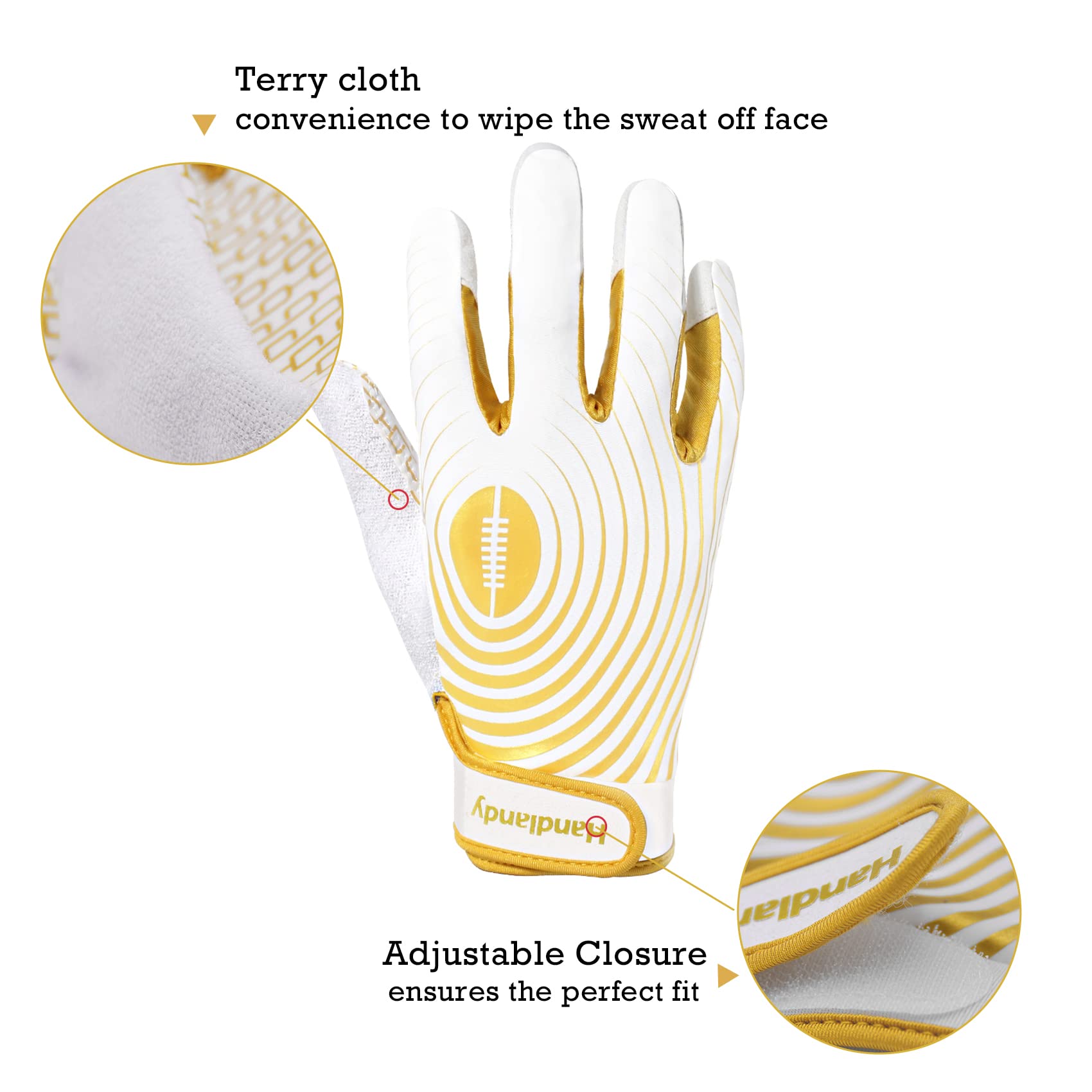 HANDLANDY Kids Football Gloves, Sticky Wide Receiver Gloves for Youth, White and Gold Stretch Fit Football Glove (White and Gold