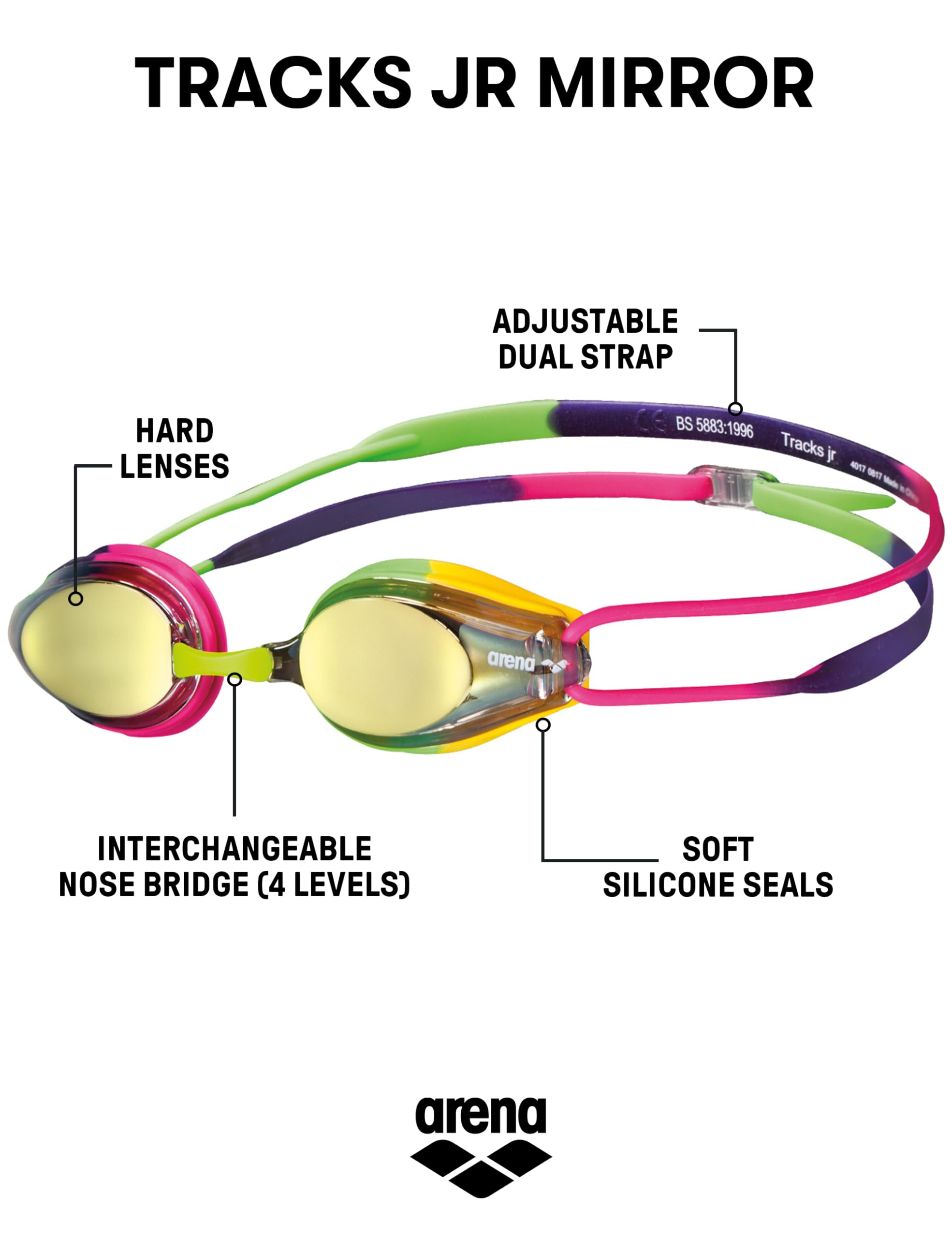 Arena Tracks Jr Youth Swim Goggles, Violet/Fuchsia/Green, Mirror Lens
