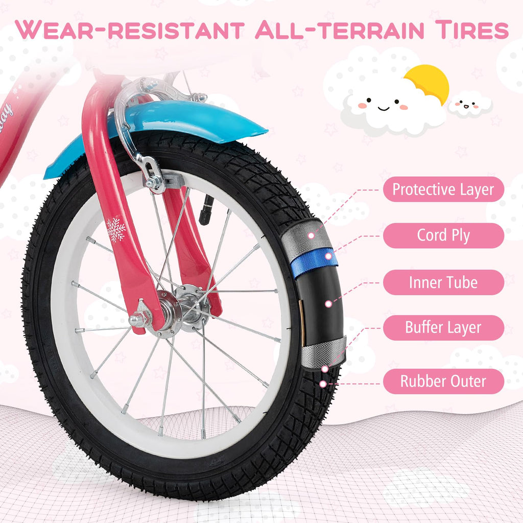 Baby Joy Kids Bike, 14 Inch Children Bicycle W/Basket, Doll Seat, Colorful Streamers, Training Wheels, Adjustable Seat & Handleb
