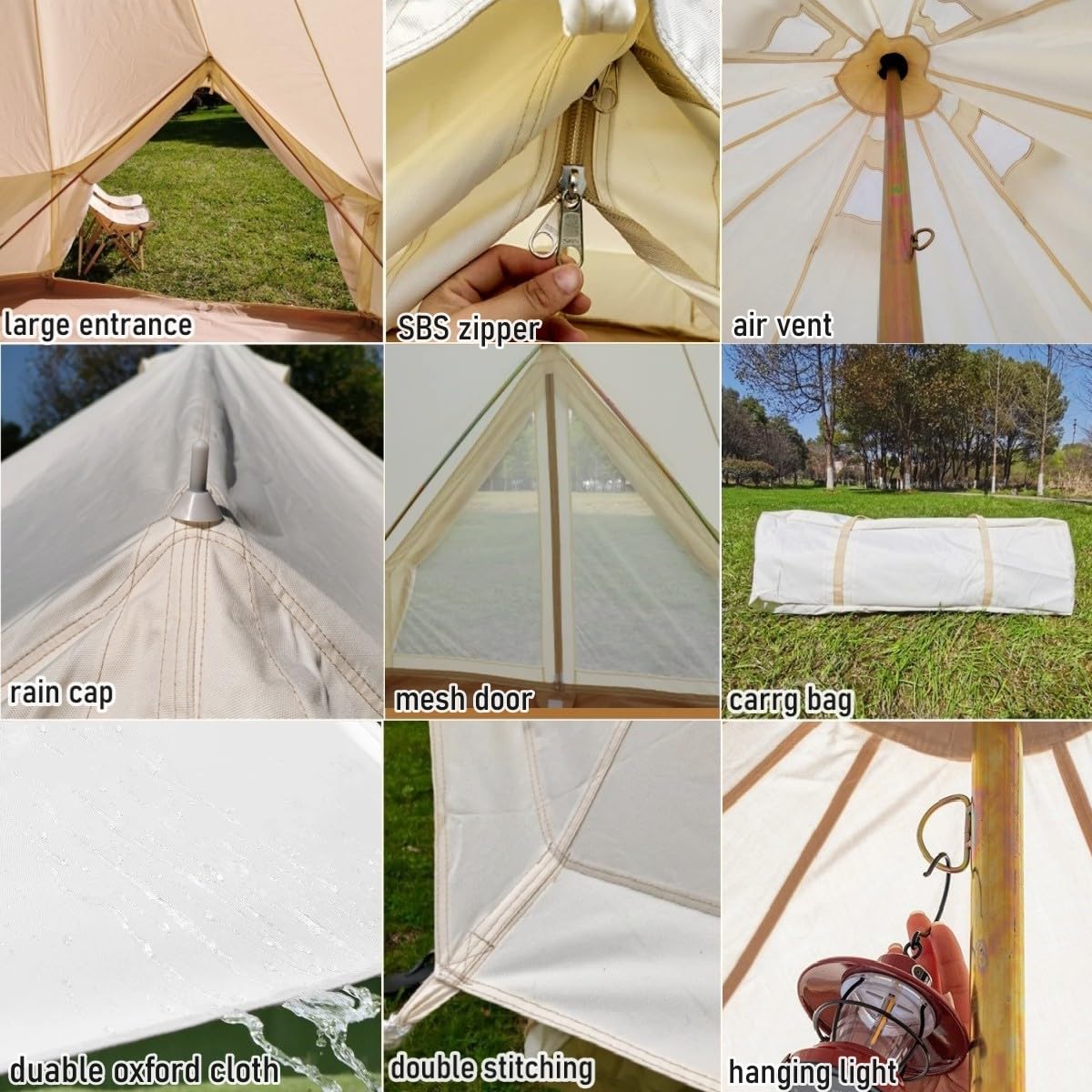 Outdoor Family Camping Safari Glamping Tent Waterproof Luxury 3/4/5/6M Yurt Bell Tent With Mesh Screen (Off White Oxford Tent, 6