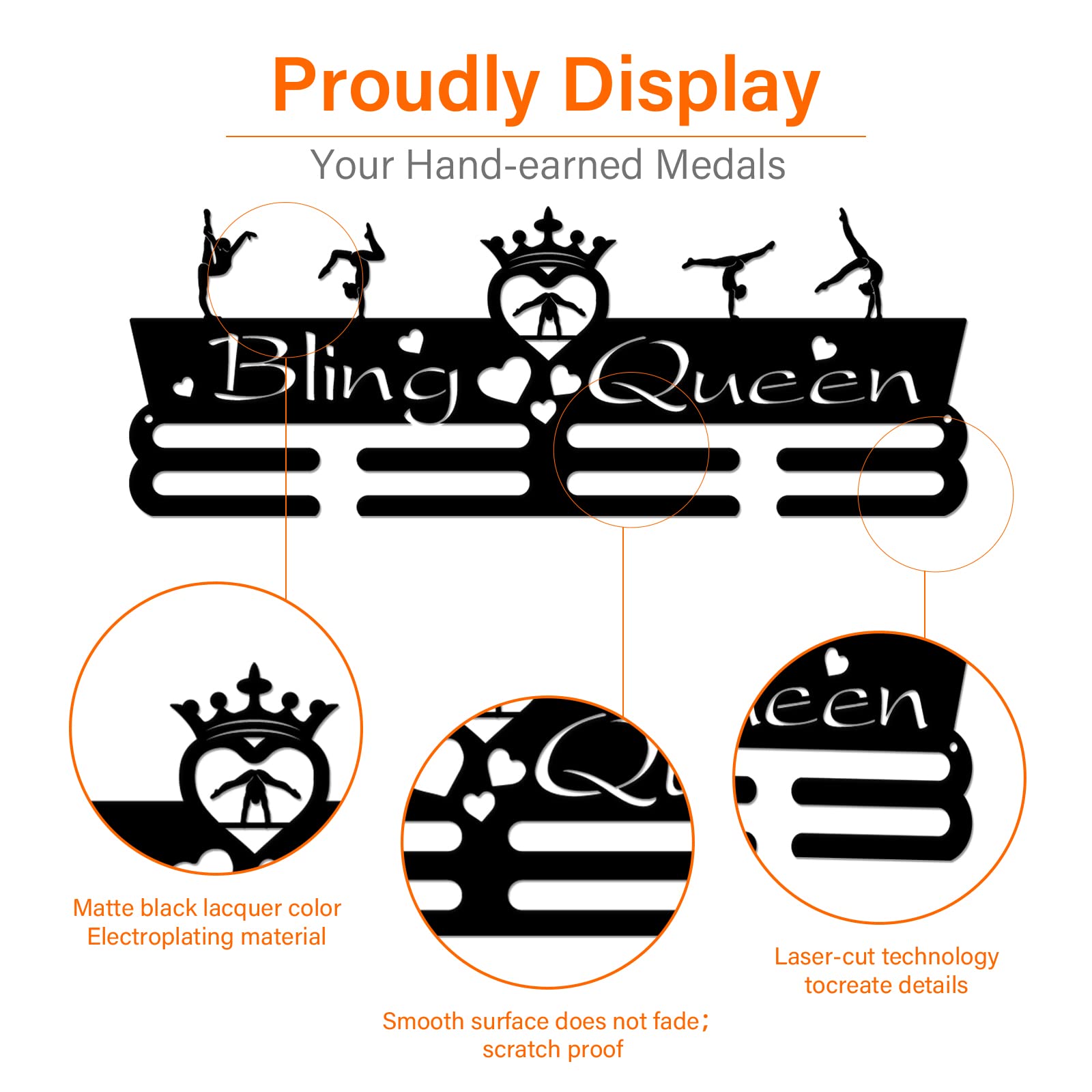 Superdant Medal Holder Gymnastics Medals Display Motivating Word Bling Queen Black Iron Wall Mounted Hooks For Competition Medal