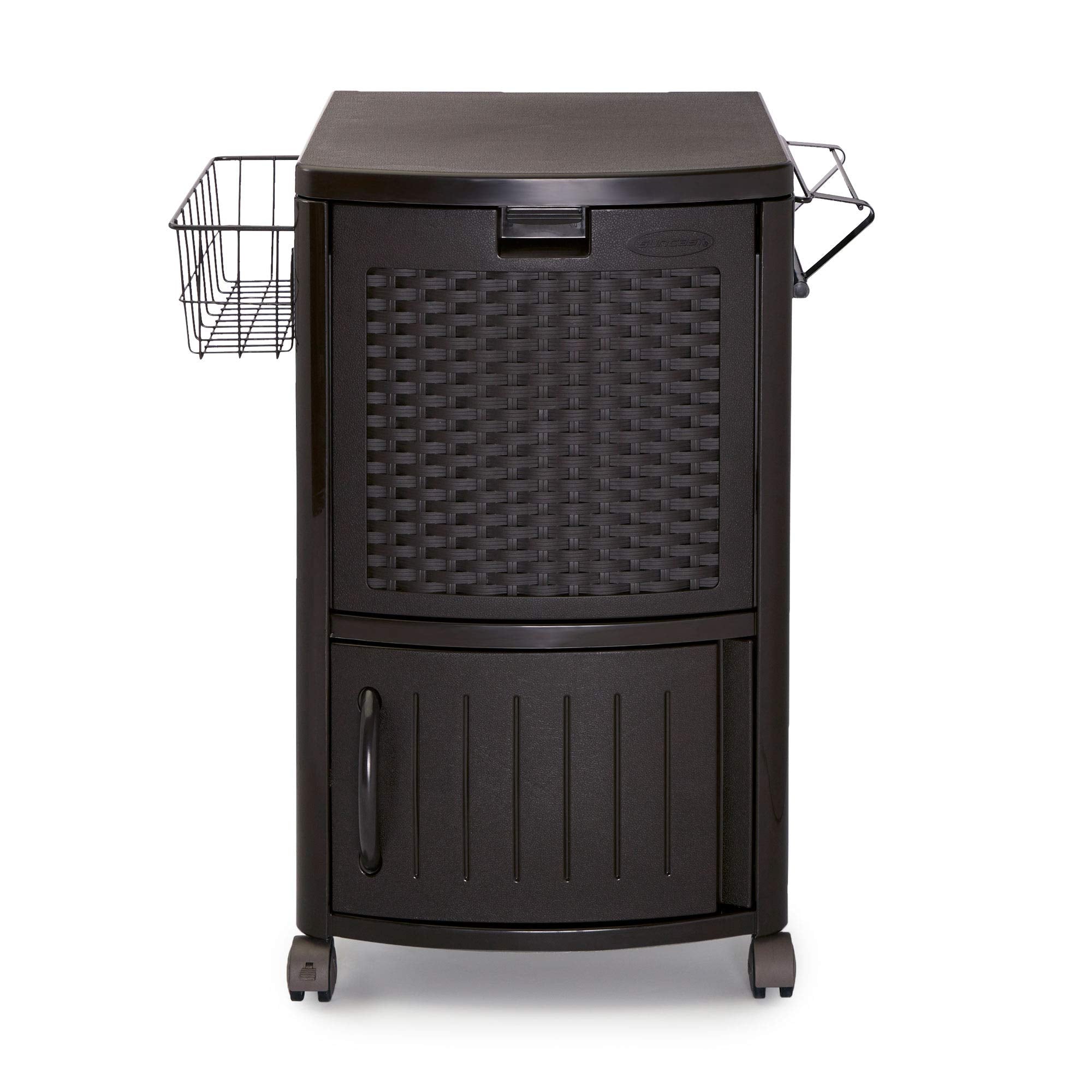 Suncast Patio Garbage Waste Trash Can Bundled W/ Patio Cooler W/ Cabinet & Wire Basket