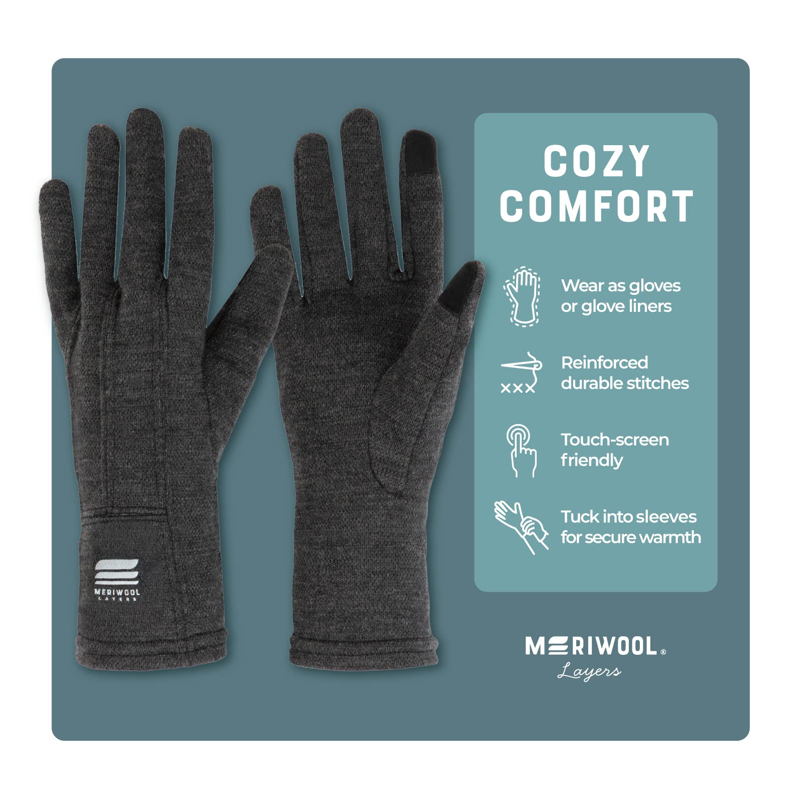 Meriwool Merino Wool Unisex Glove Liners For Use With Touch Screens In Charcoal Grey - Large