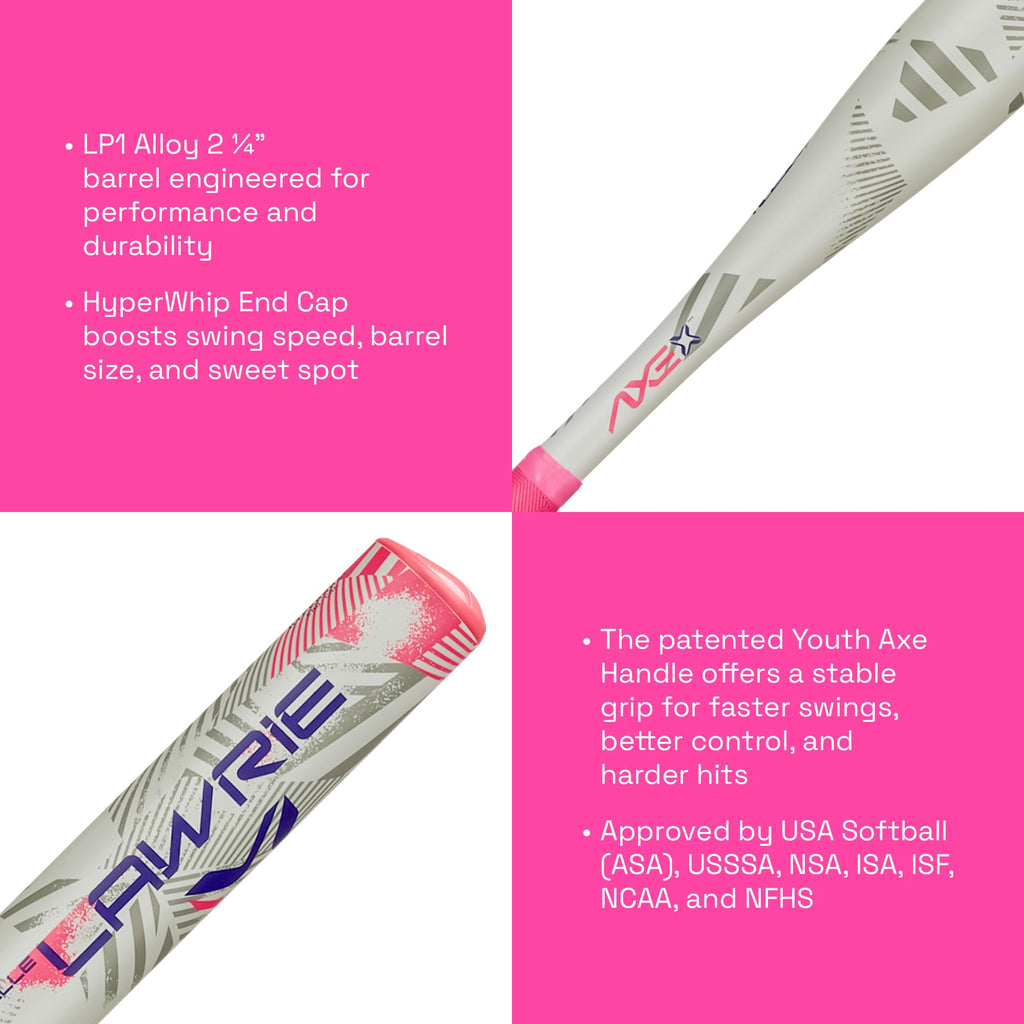 Axe Danielle Lawrie Youth Fastpitch Softball Bat | 1-Piece Alloy | -12 | Usa (Asa)/Usssa Approved | Pink/Purple | Standard Axe H