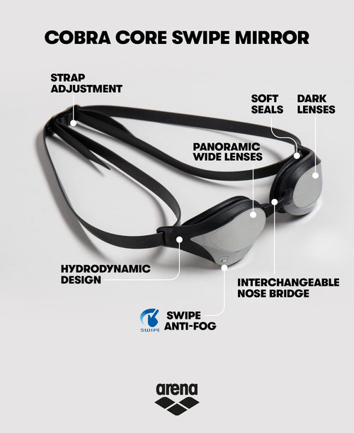 Arena Unisex Cobra Core Swipe Anti-Fog Racing Swim Goggles For Men And Women Polycarbonate Mirror Lens, Blue/Sliver