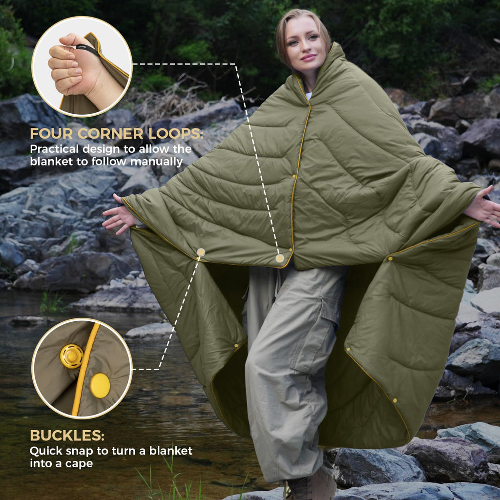 Kingcamp Ultralight Camping Blanket, Packable Down Alternative Puffy Wearable Blankets Weatherproof Warm Package Quilt With Snap