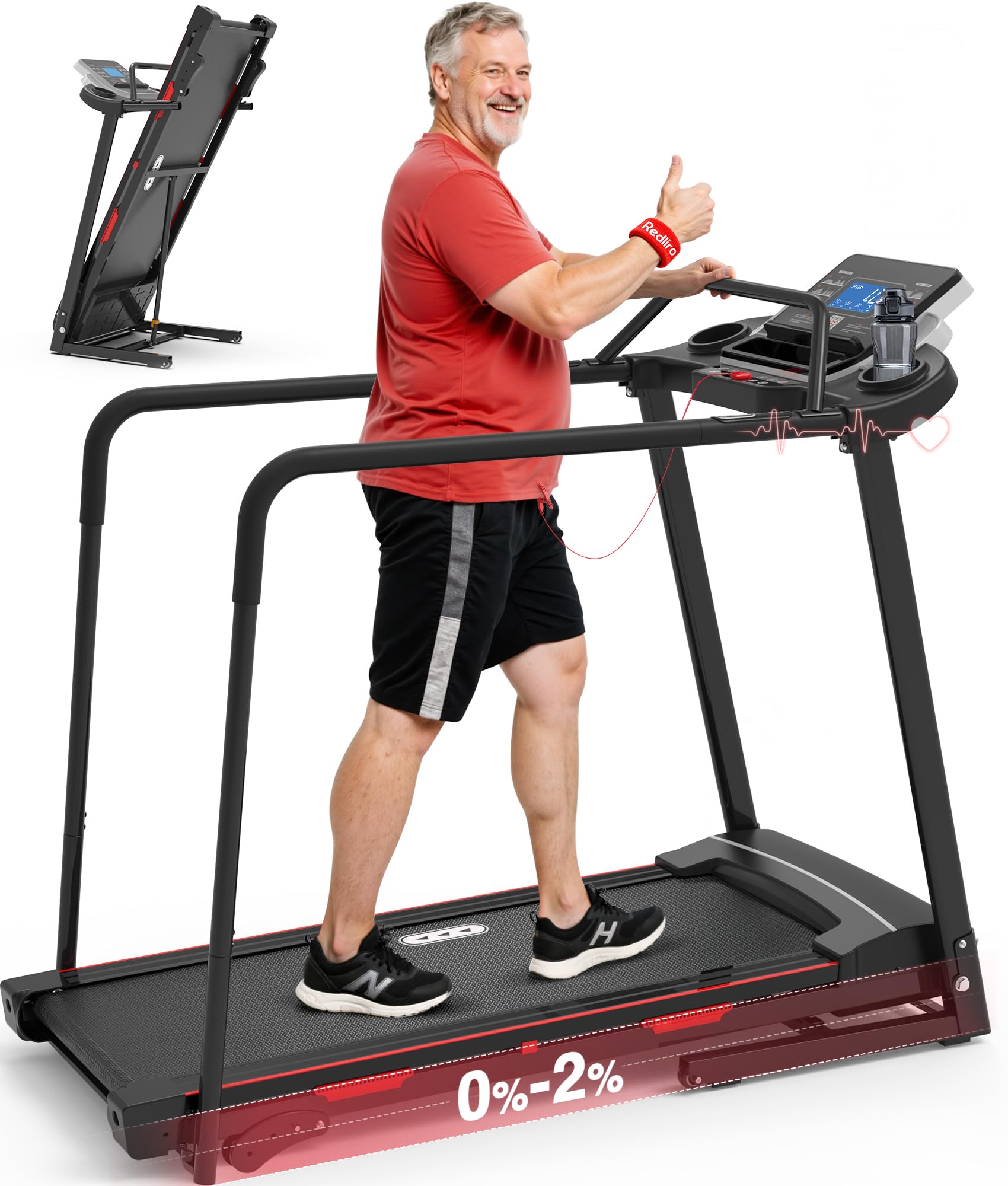 Redliro Walking Treadmill for Seniors Foldable - 400 Lb Capacity Senior Treadmill with Front & Long Handrails, 0%-2% Incline Hom