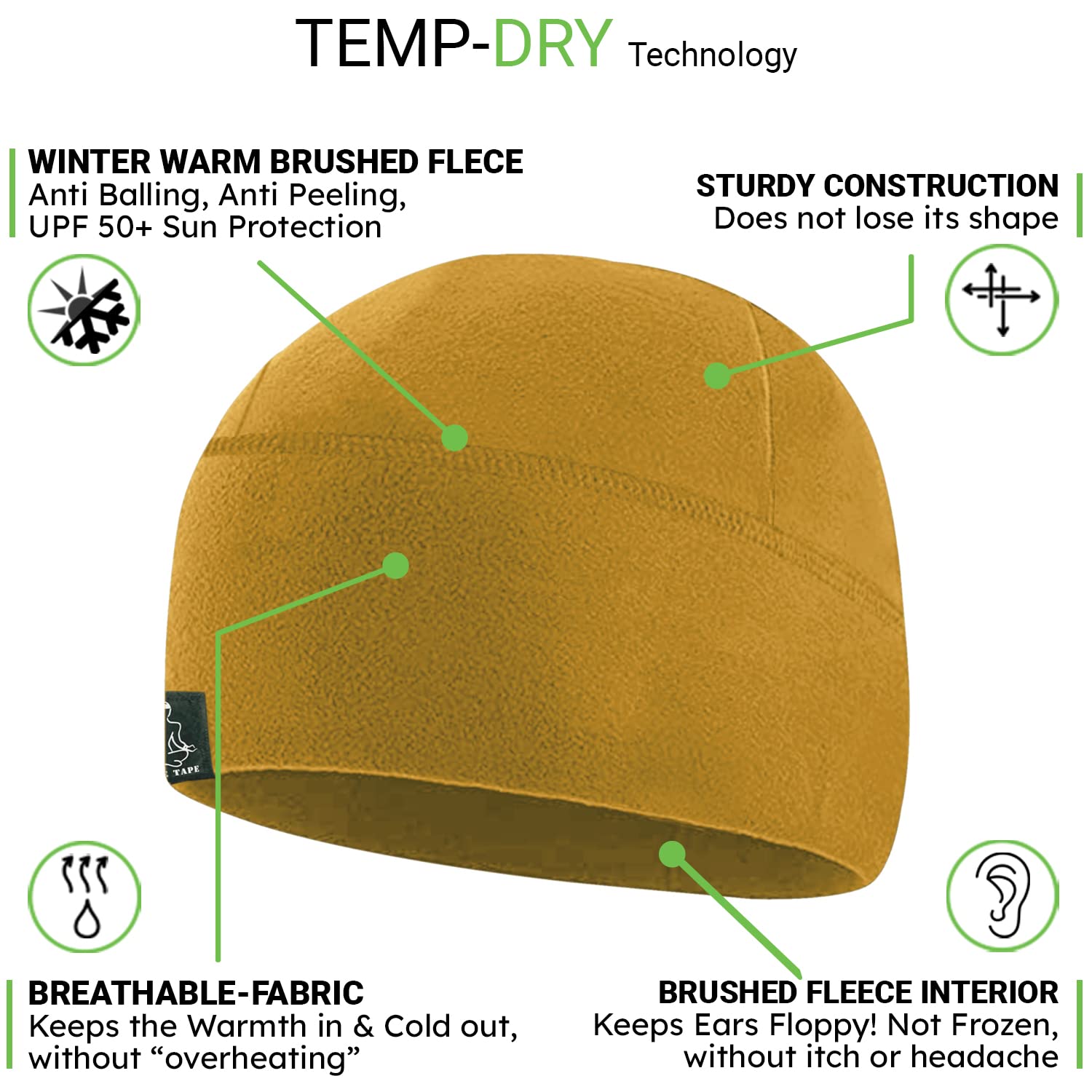 Temple Tape Tactical Fleece Watch Cap Beanie - Skull Cap Fleece Hat - Sand Brown - One Size (Fits Most Heads)