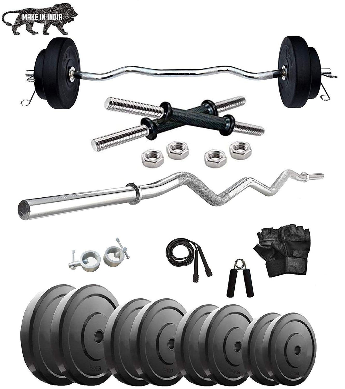Beacon International 24 Kg Home Gym Set  Rubber Weight Plates + Dumbells Rods + Gloves + Gripper+Skipping Rope + 3 Ft Ez Curl B