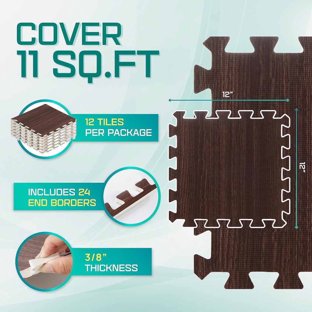 Yes4All 6Lwd Interlocking Eva Borders  Foam Floor Mats For Gym Equipment (24 Grey 6 Pcs), I. 12 Square Feet (12 Tiles) -Walnut W