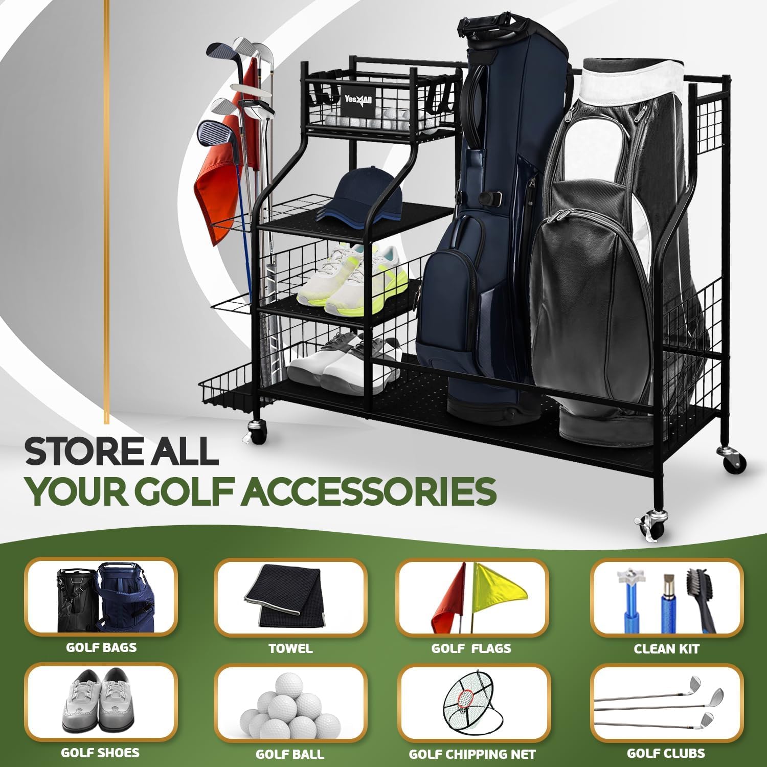 Yes4All Golf Storage Garage Organizer, Golf Bag Storage Stand And Other Golfing Equipment Rack, Extra Storage Rack For Golf Club