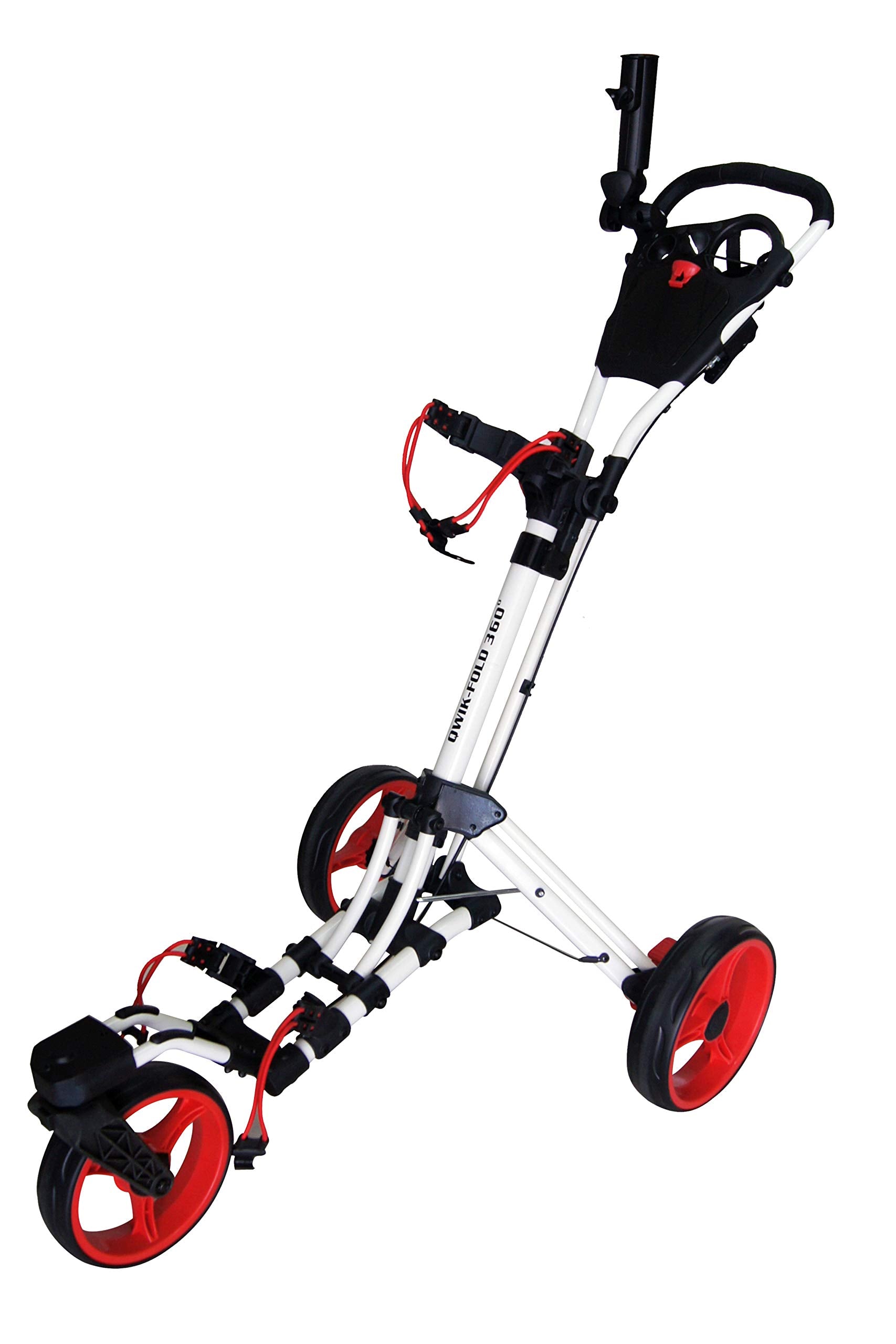 Qwik-Fold 360 Swivel 3 Wheel Push Pull Golf Cart - 360* Rotating Front Wheel - One Second To Open & Close! (White/Red)