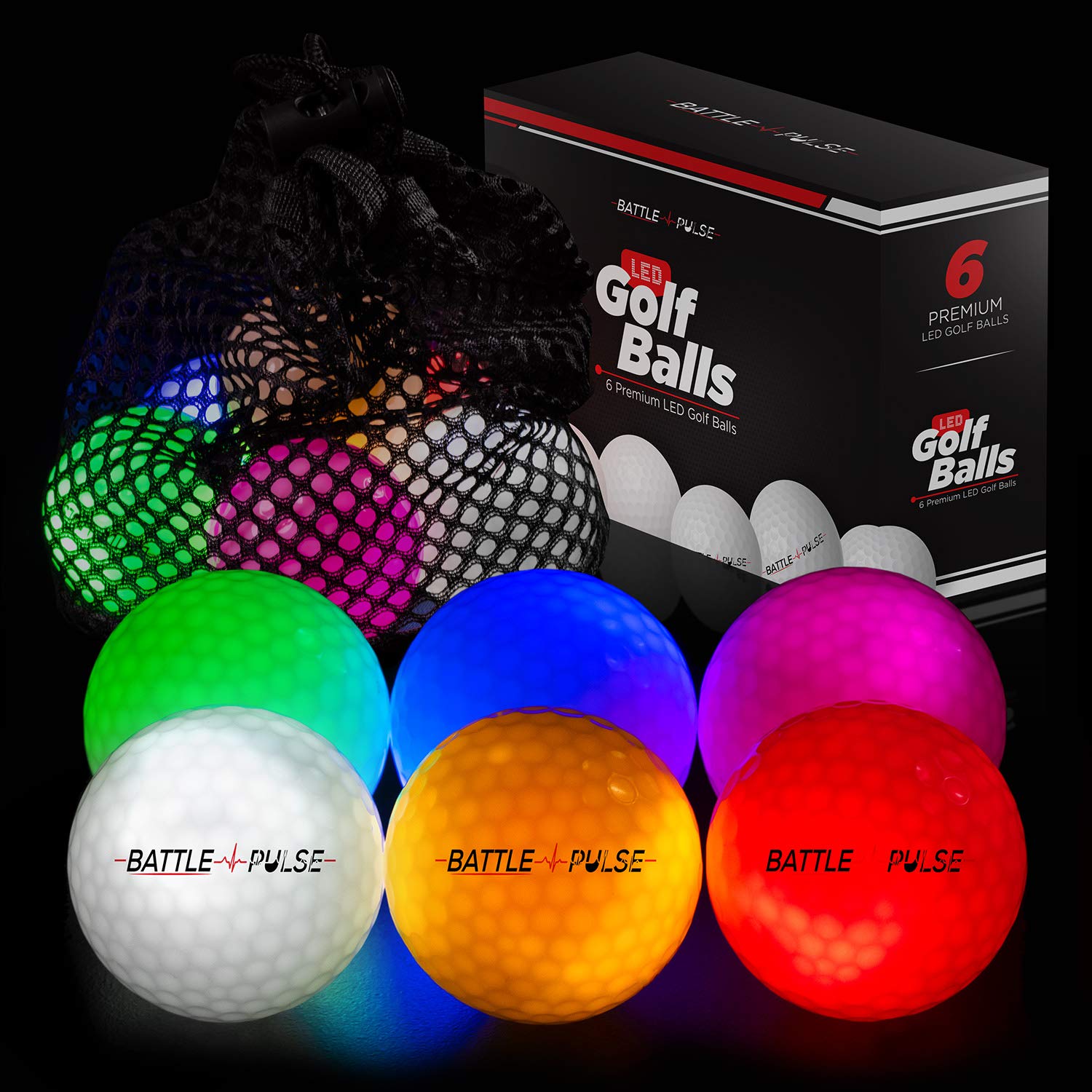 Battlepulse 300-Hr Lighting Time Glow In The Dark Golf Balls With Mesh Bag  Water Resistant Glow Golf Balls  6 Pc Light Up Golf 