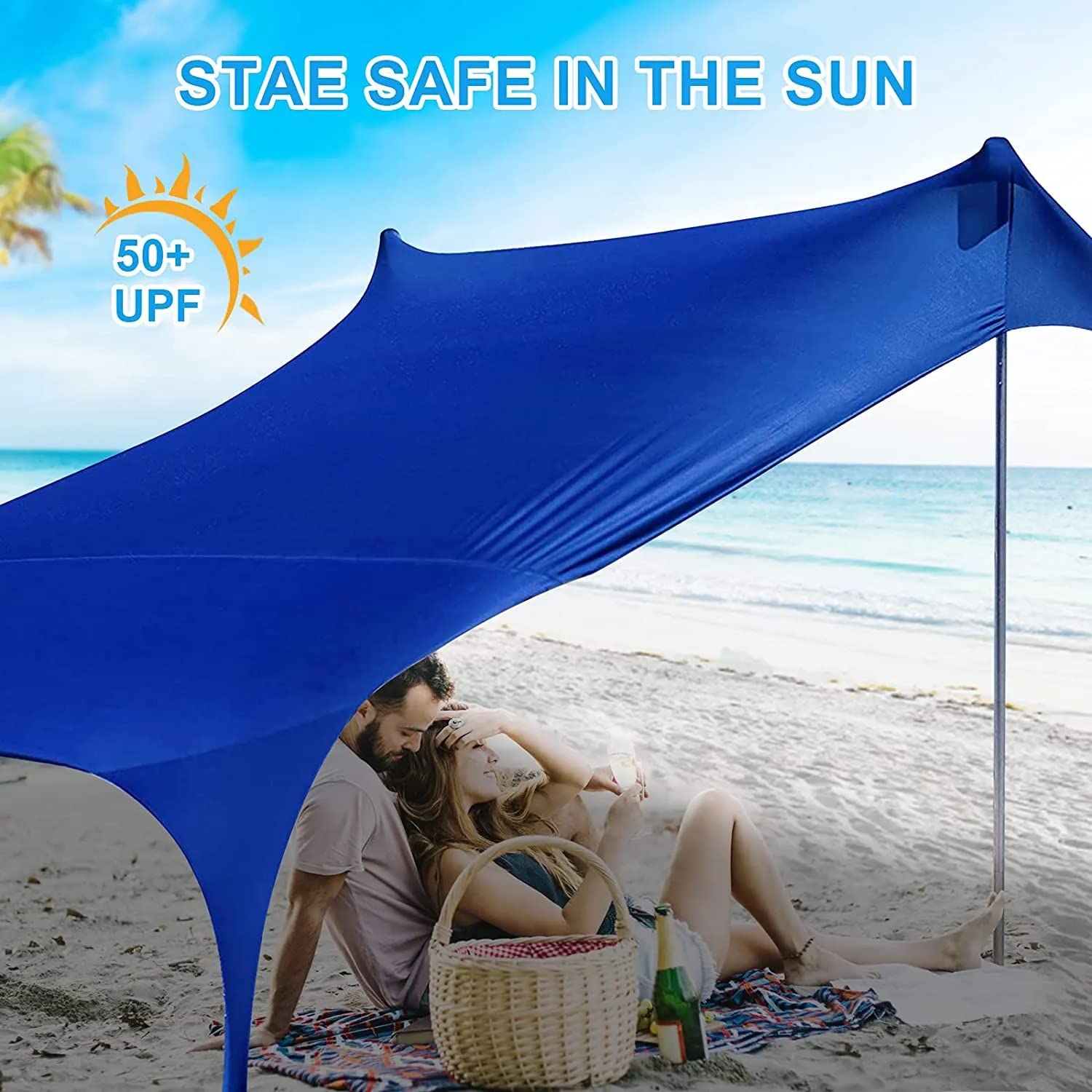 Yuewo Beach Canopy Tent Sun Shade With Upf 50+ Uv Protection, Beach Tent Sun Shelter With Sandbags, Poles And Ground Pegs And An