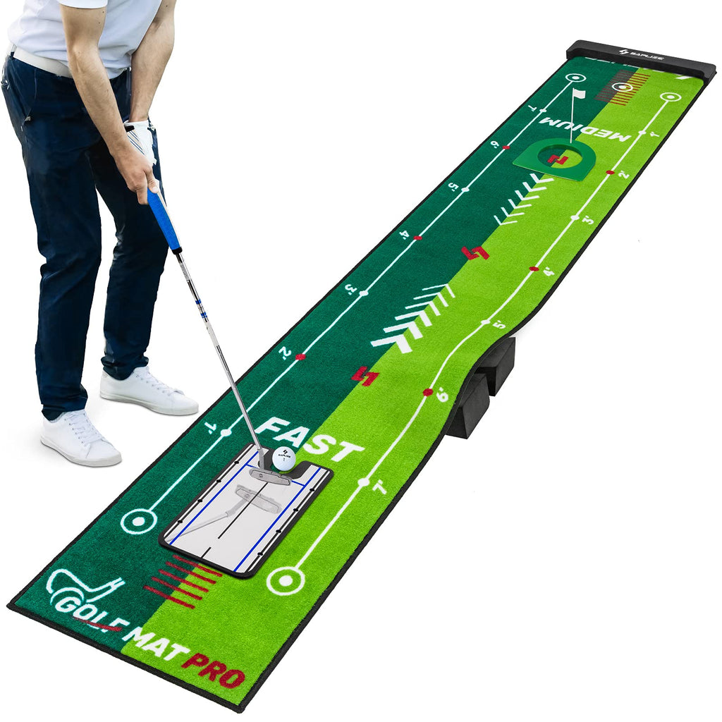 Saplize Two-Speed Golf Putting Practice Mat With Putting Alignment Mirror, 20 In X 10 Ft Putting Training Aid Mat, Anti-Slip Bac