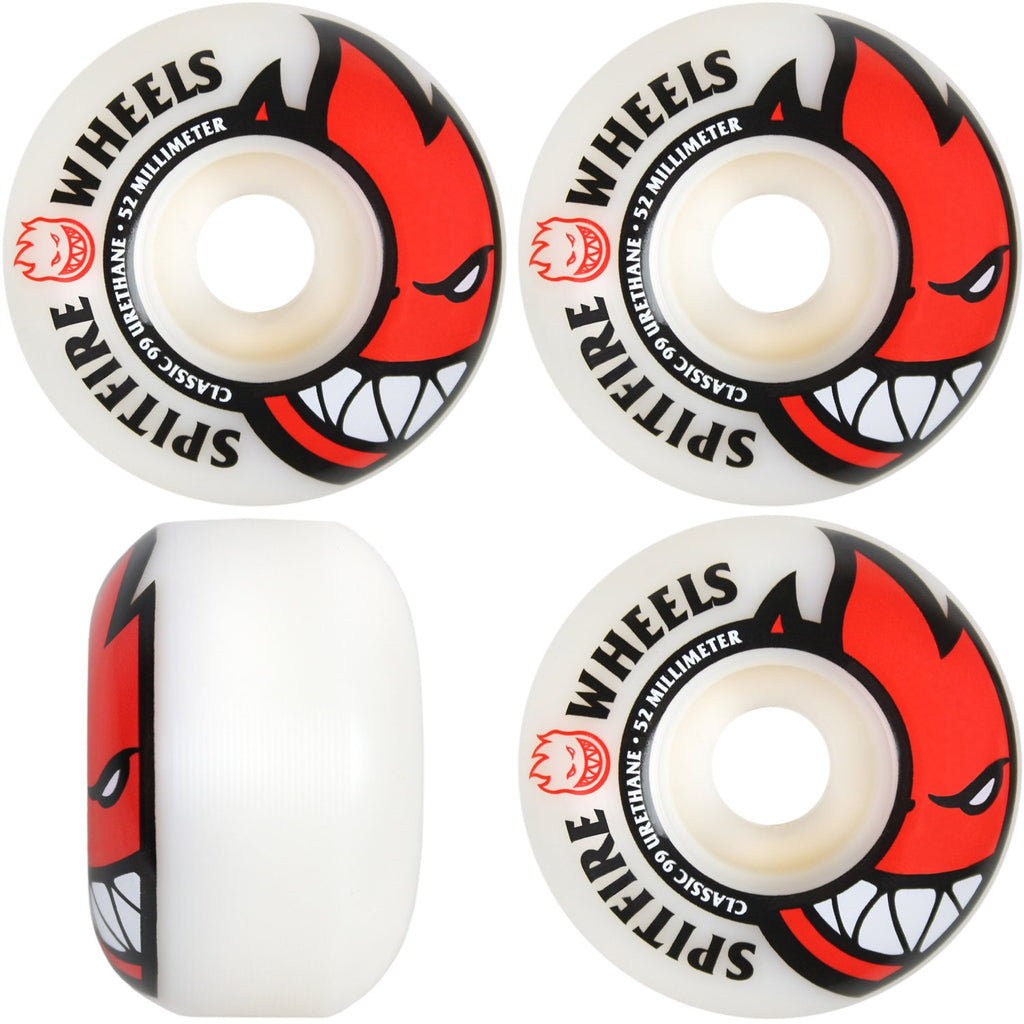 Spitfire 52Mm Wheels Bighead White/Red Skateboard Wheels - 99A With Bones Bearings - 8Mm Bones Reds Precision Skate Rated Skateb