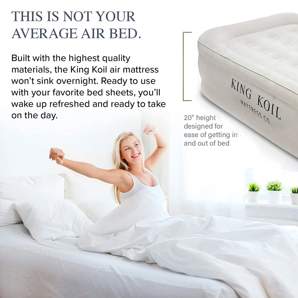 King Koil Twin Air Mattress With Built-In Pump - Double High Elevated Raised Airbed For Guests With Comfortable Top Inflatable B