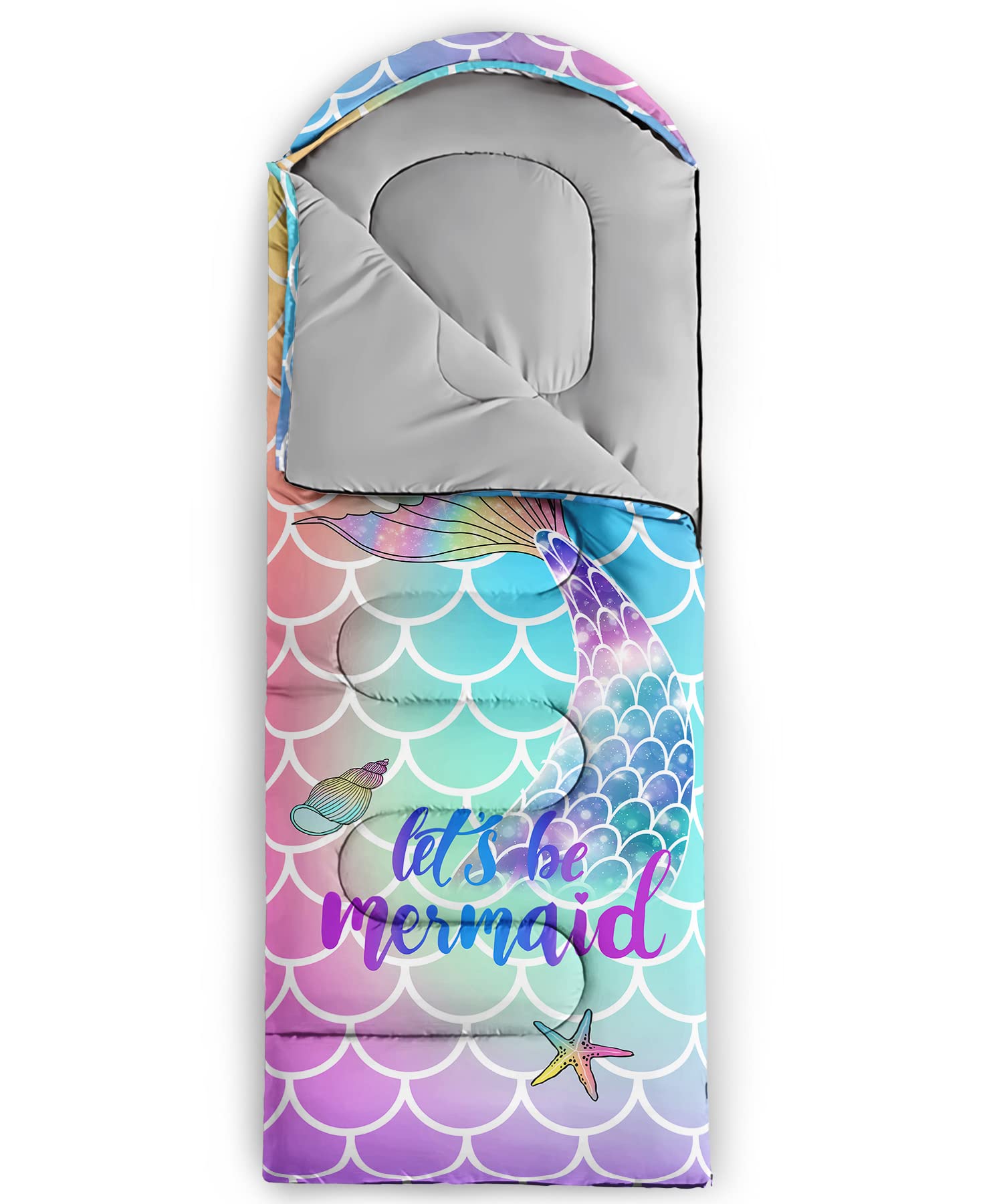 Qoomo Mermaid Printed Camping Sleeping Bags,3 Season Warm & Cool Weather,Lightweight,Waterproof Sleeping Bags For Adults & Kids,