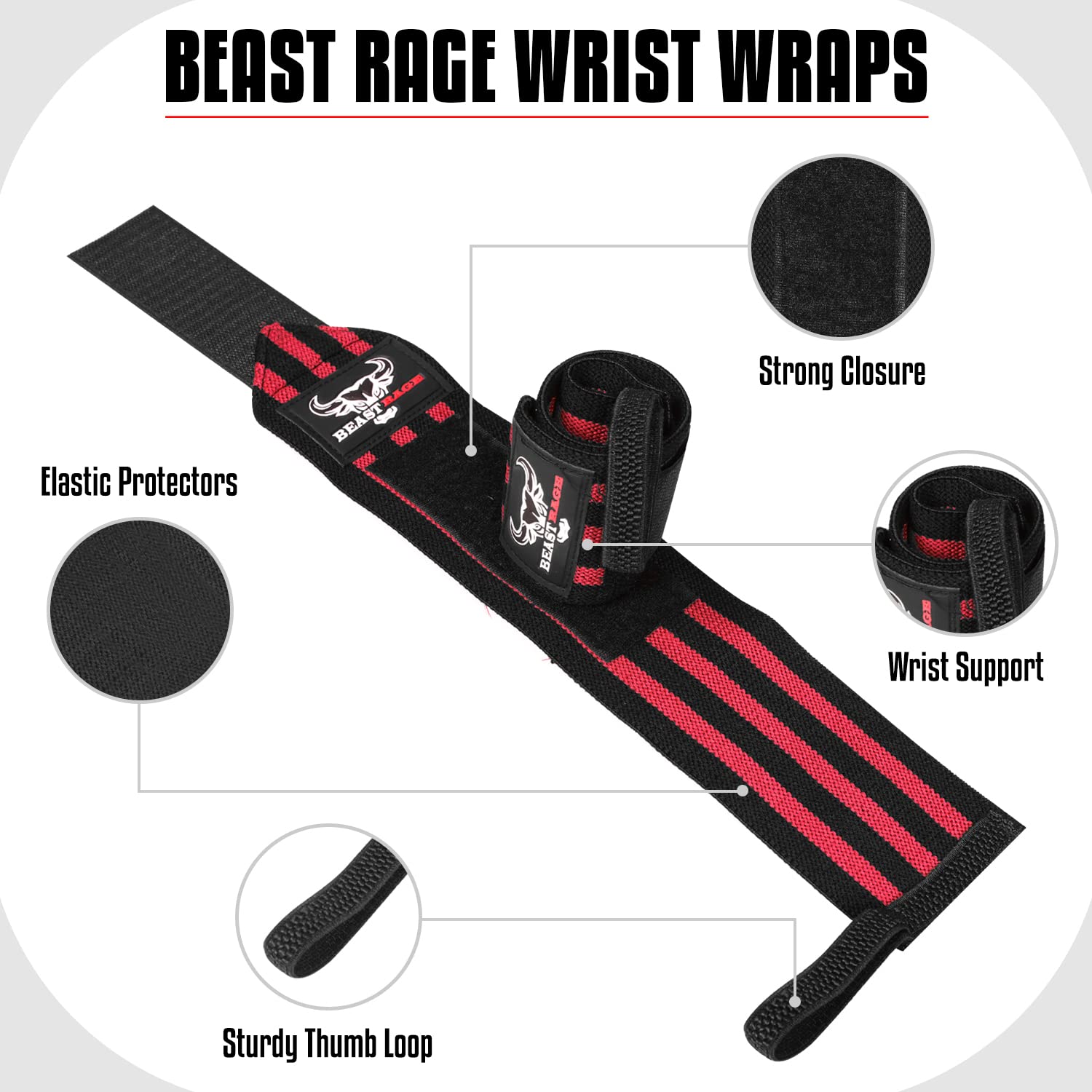 Beast Rage Weight Lifting Wrist Wraps Muscle Building Performance Training Gym Exercise Fitness Straps Thumb Loop Support Stretc