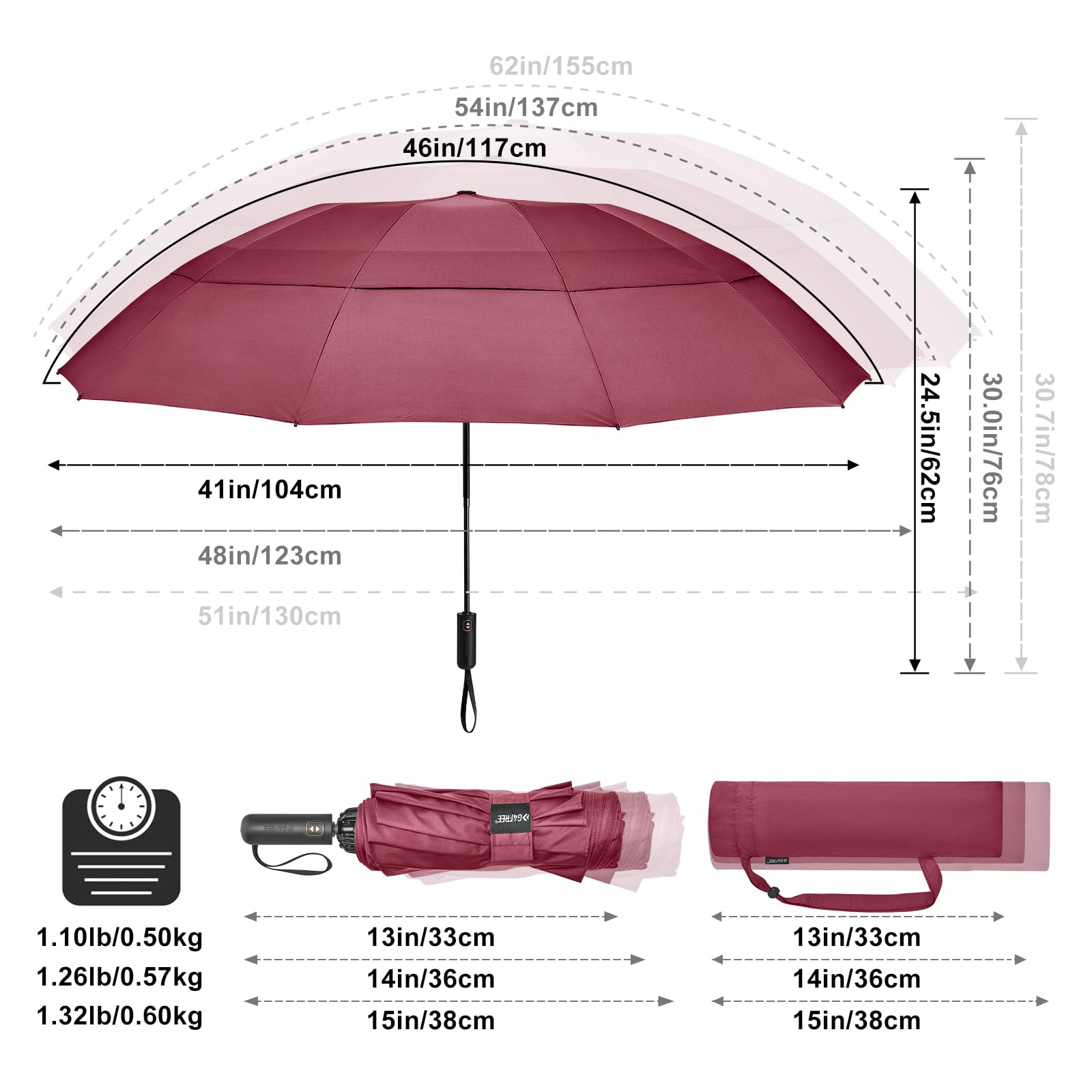 G4Free 46 Inch Large Golf Umbrella Compact Reverse Travel Umbrella Automatic Open Close (Burgendy)