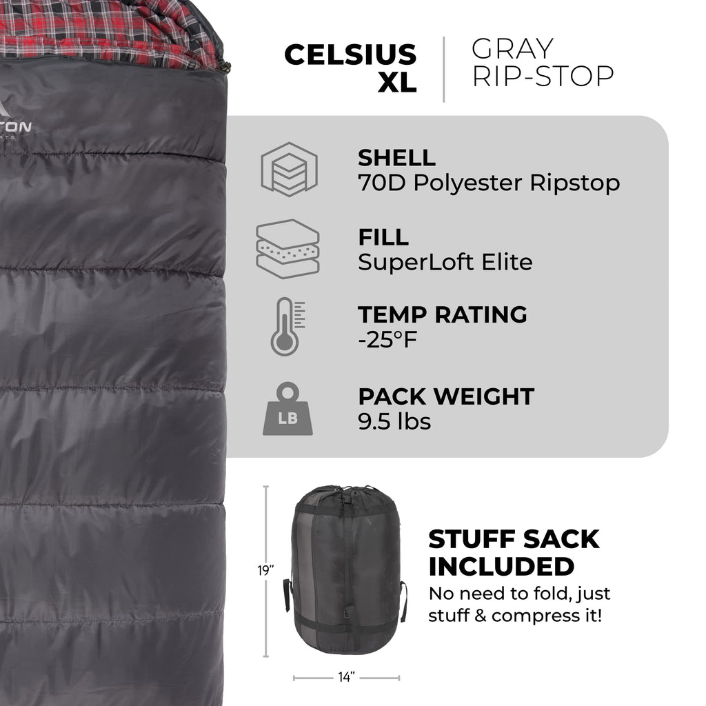 Teton Sports Celsius Xl -25F Sleeping Bag; Cold Weather Sleeping Bag; Great For Family Camping; Free Compression Sack, Grey