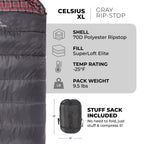 Teton Sports Celsius Xl -25F Sleeping Bag; Cold Weather Sleeping Bag; Great For Family Camping; Free Compression Sack, Grey