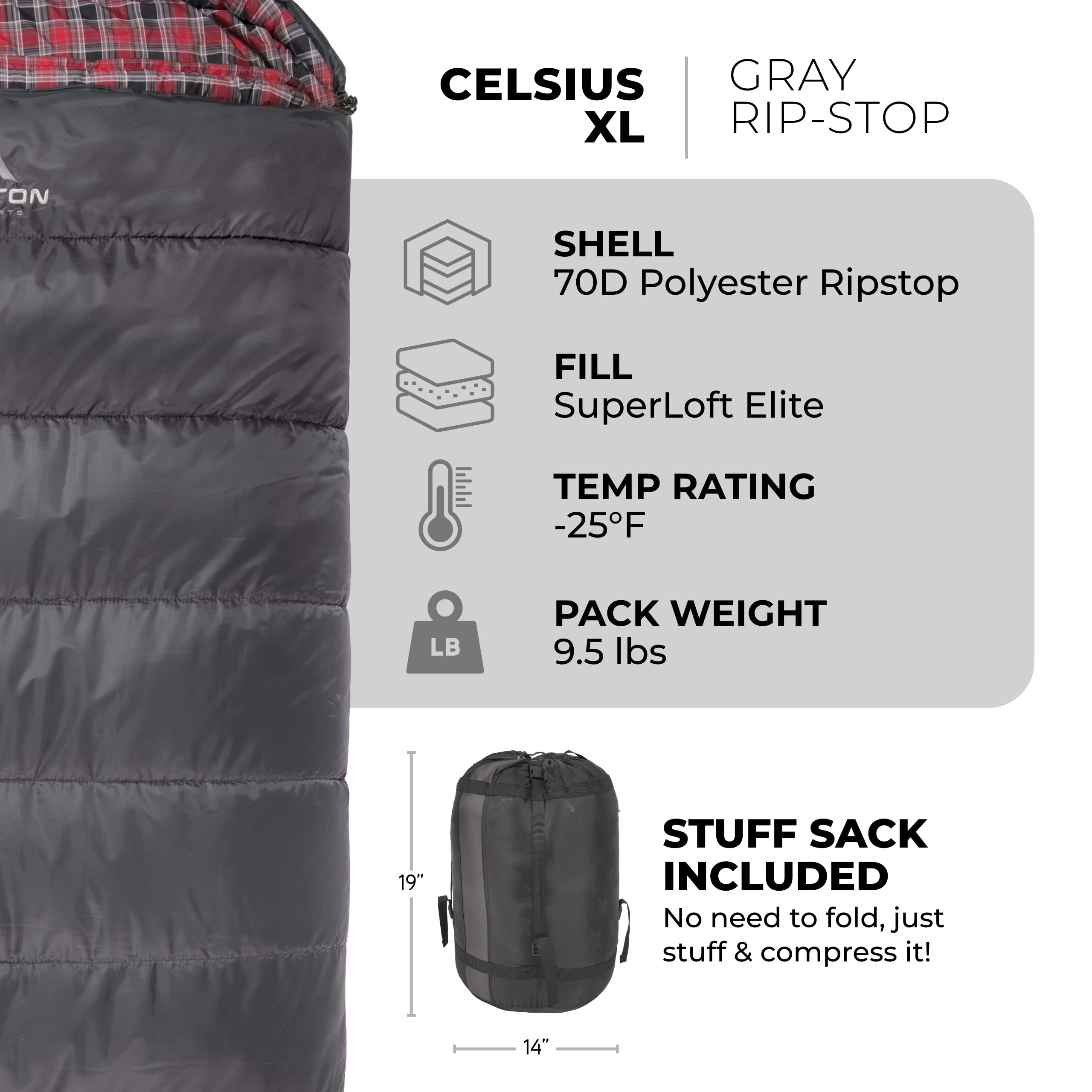 Teton Sports Celsius Xl -25F Sleeping Bag; Cold Weather Sleeping Bag; Great For Family Camping; Free Compression Sack, Grey