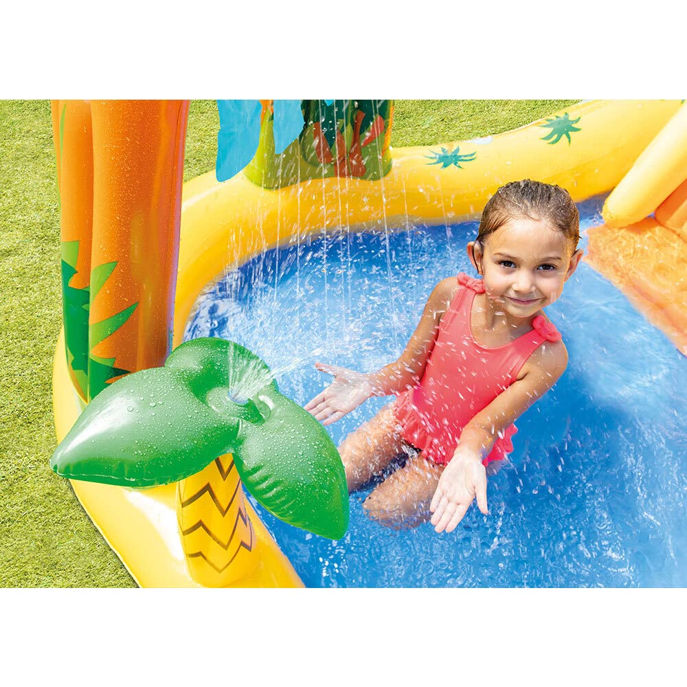 Intex Inflatable Dinosaur Play Center Outdoor Playhouse Inflatable Water Park With Kid Pool Slide, Water Sprayer, Waterfall, And