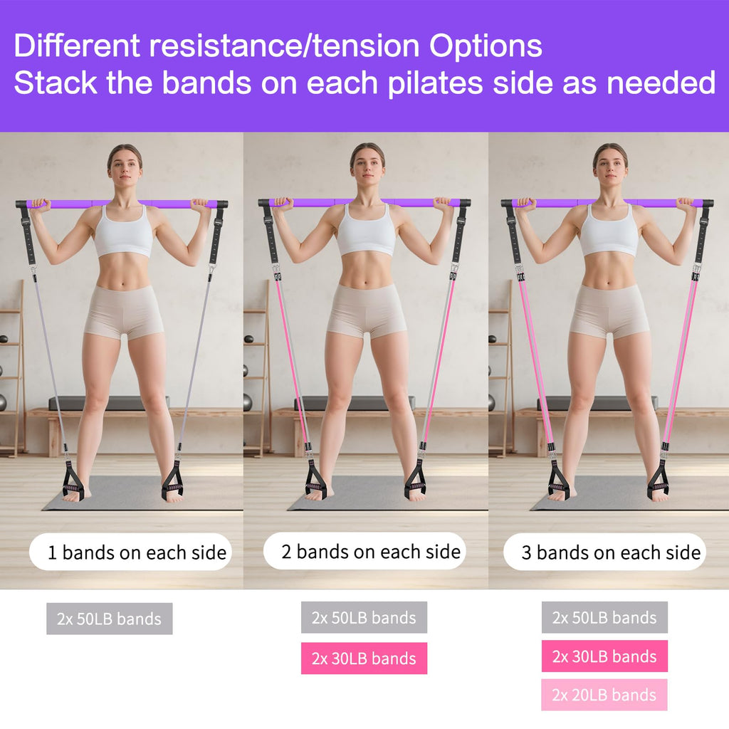 Pilates Bar Kit with Resistance Bands, Upgraded 3-Section with Stackable Bands Workout Equipment for Legs,Hip,Waist and Arm Full