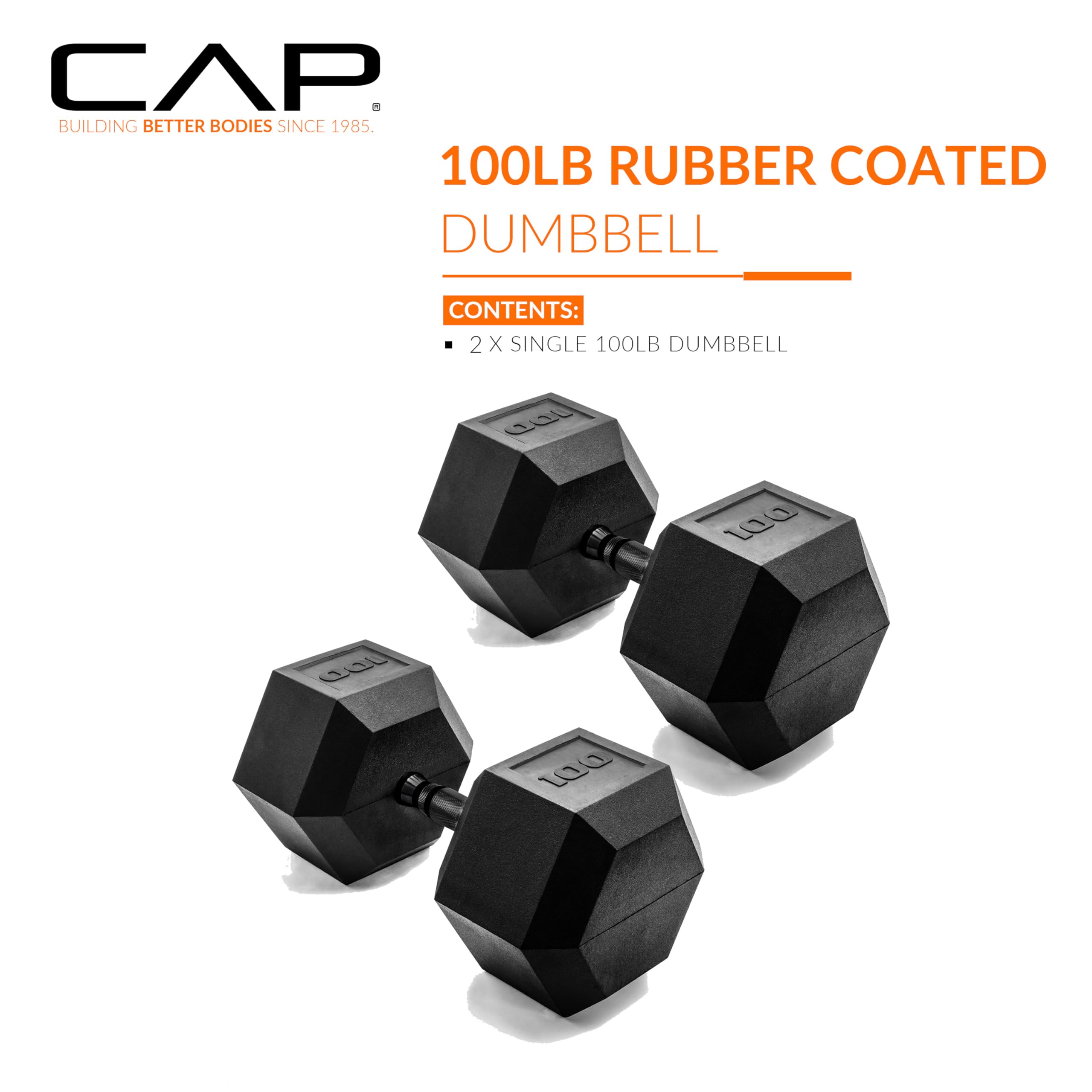 CAP Barbell 100 LB Rubber Coated Hex Dumbbell Hand Weight - Pair | Black Handle