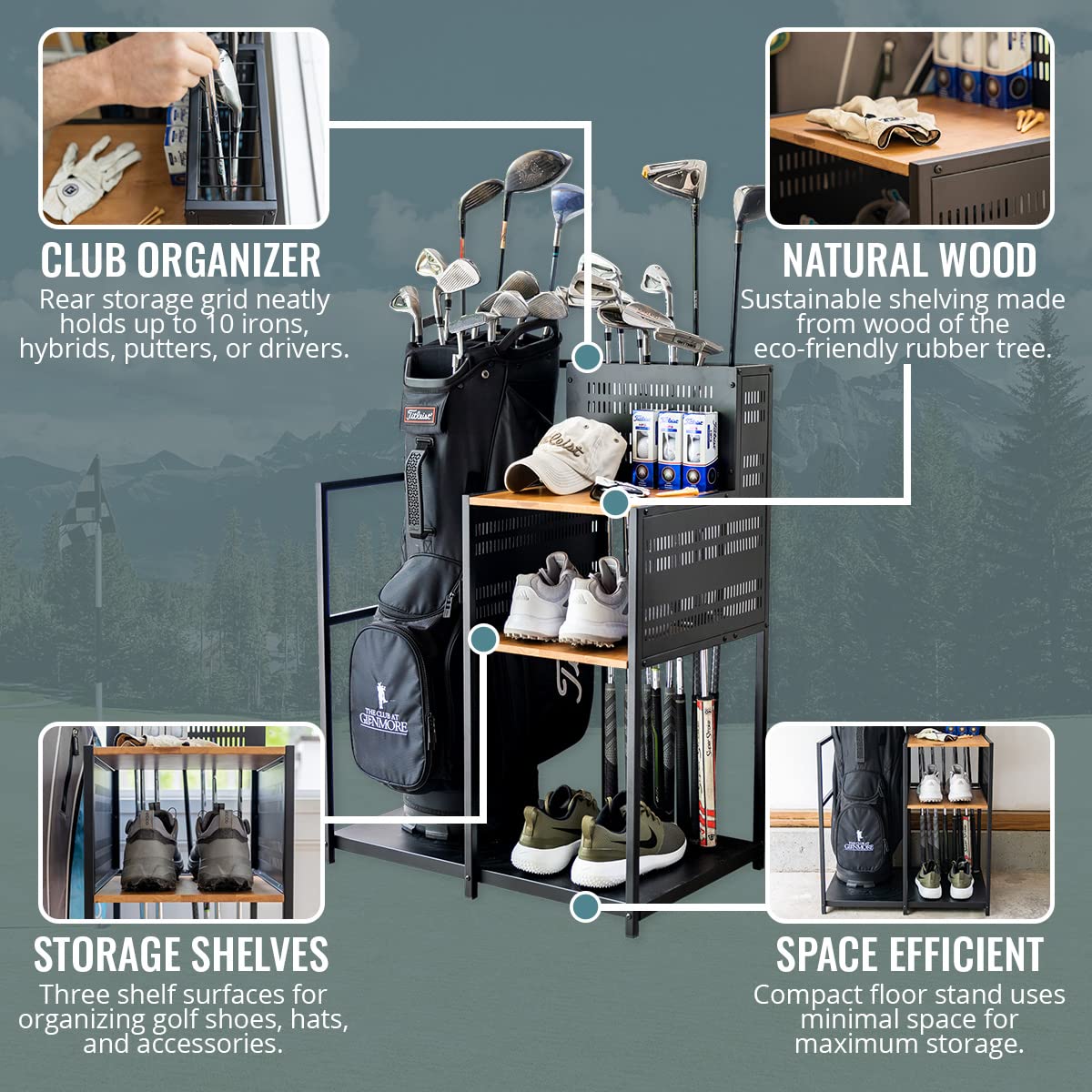 Teal Triangle Freestanding Golf Club Organizer, Stylish Heavy Duty Garage Storage Floor Stand, Holds 1 Golf Bag Shoes Clubs Ball