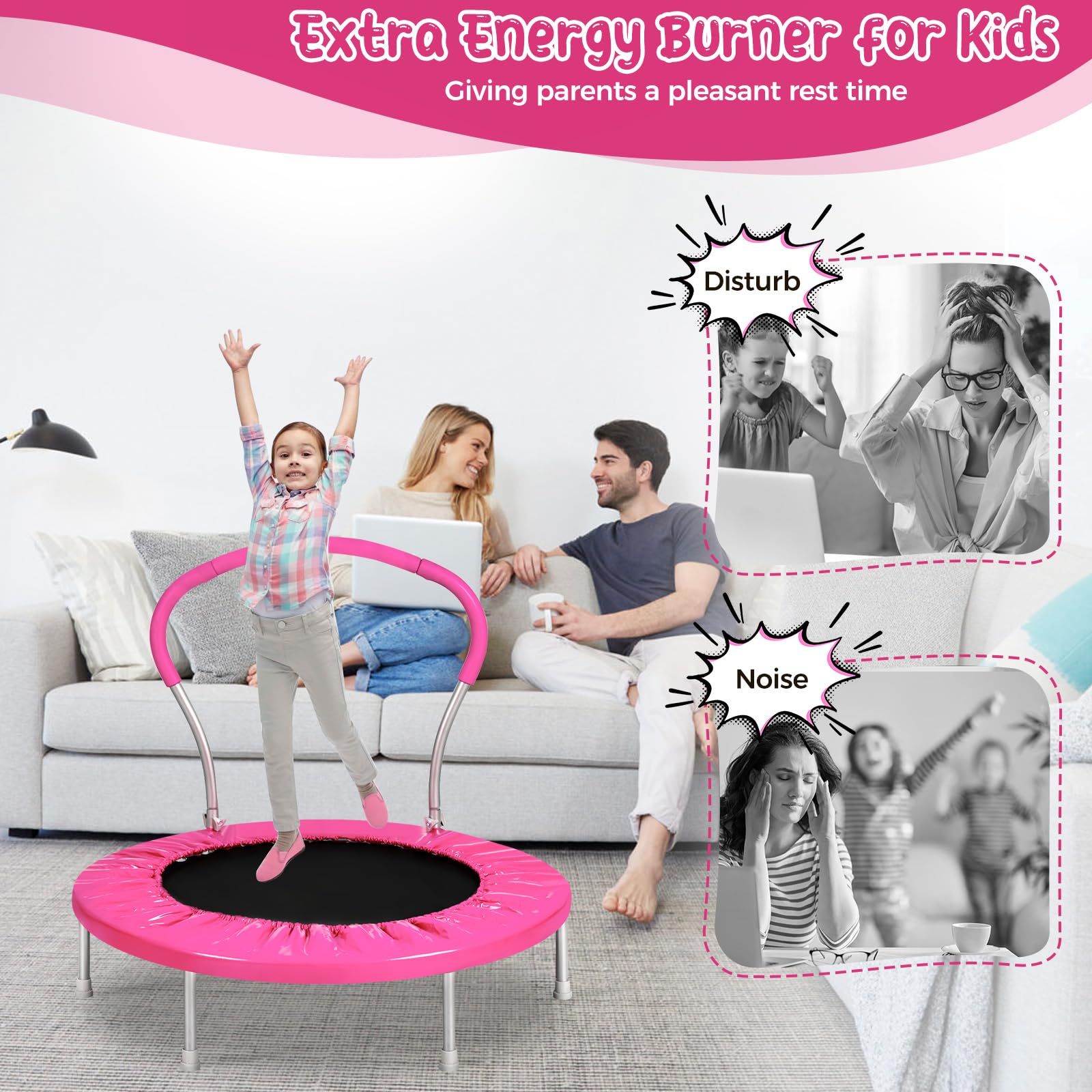 Lyromix 36 Inch Mini Trampoline for Kids, Indoor Toddler Rebounder Trampoline with Handle, Pink