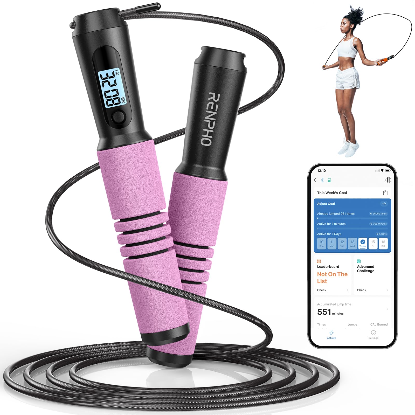 Renpho Smart Jump Rope With Counter, Fitness Skipping Rope With App Data Analysis, Workout Jump Ropes For Home Gym, Crossfit, Ju