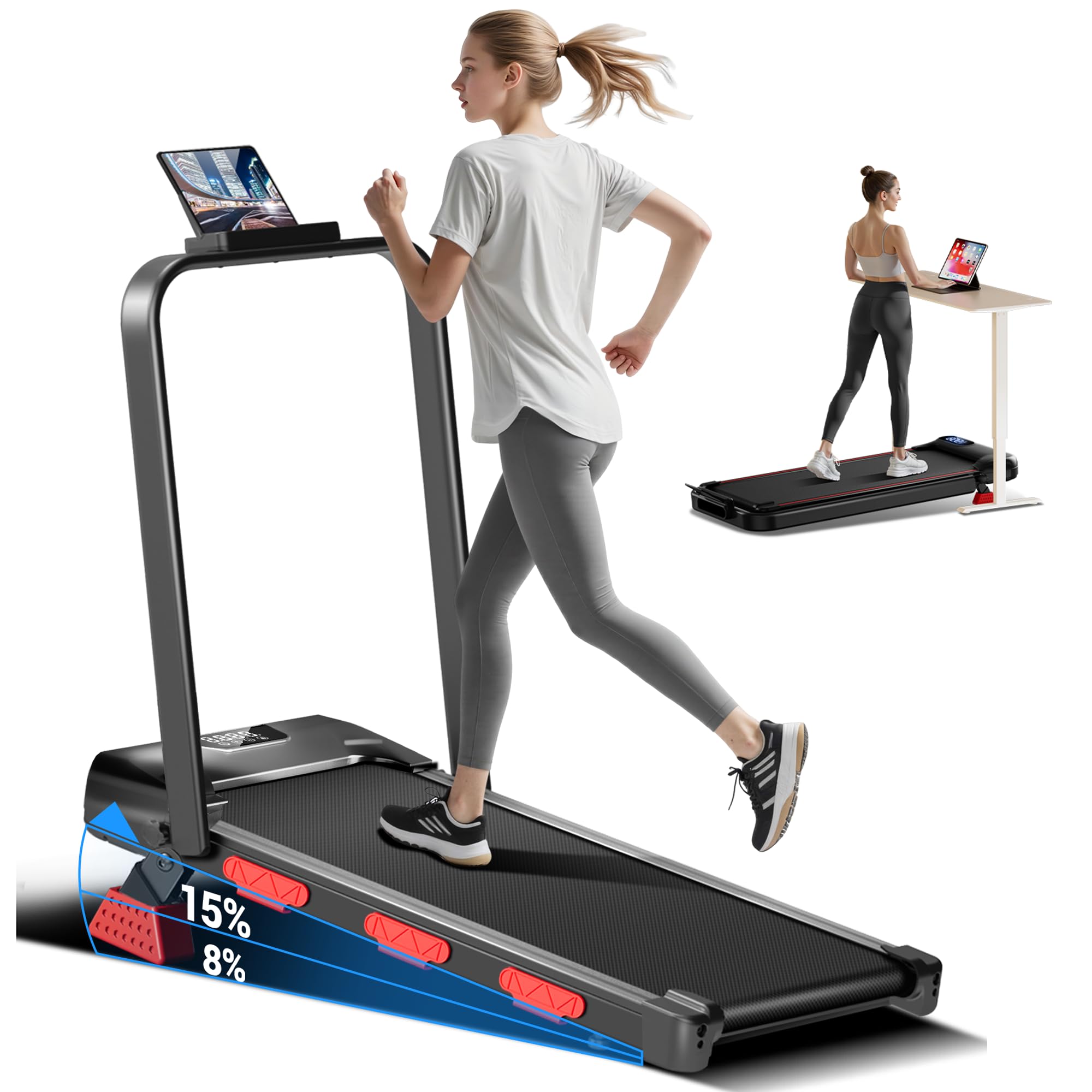 Walking Pad with 15% Incline 2.5HP Foldable Walking Pad with Handle Bar 0.6-6.2MPH Under Desk Compact Treadmills for Home 300LBS