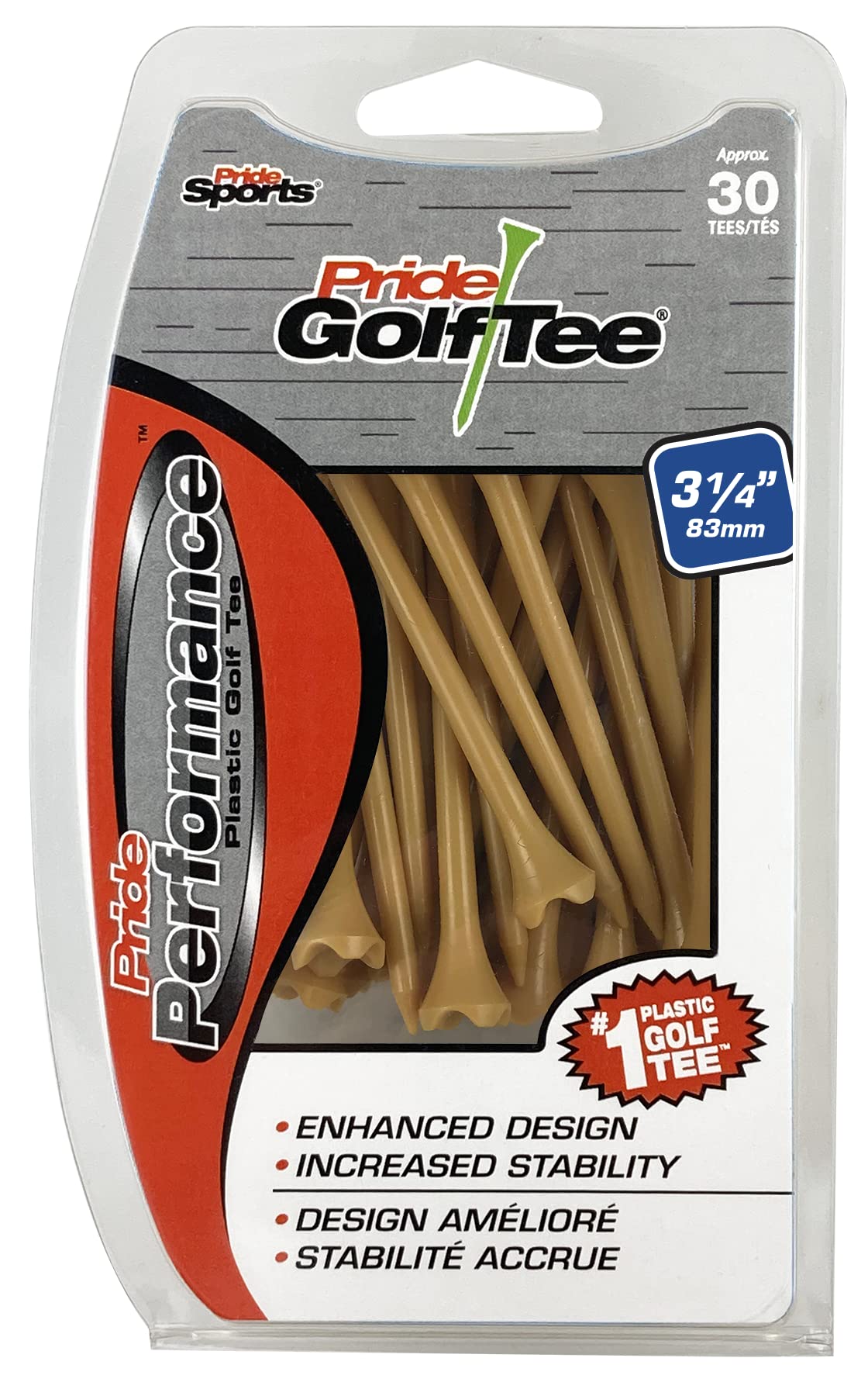 Pride Performance Plastic Golf Tees - 30 Count Natural Color - 3-1/4 inch Tee - Best for Drivers & Woods - Available in a Variet