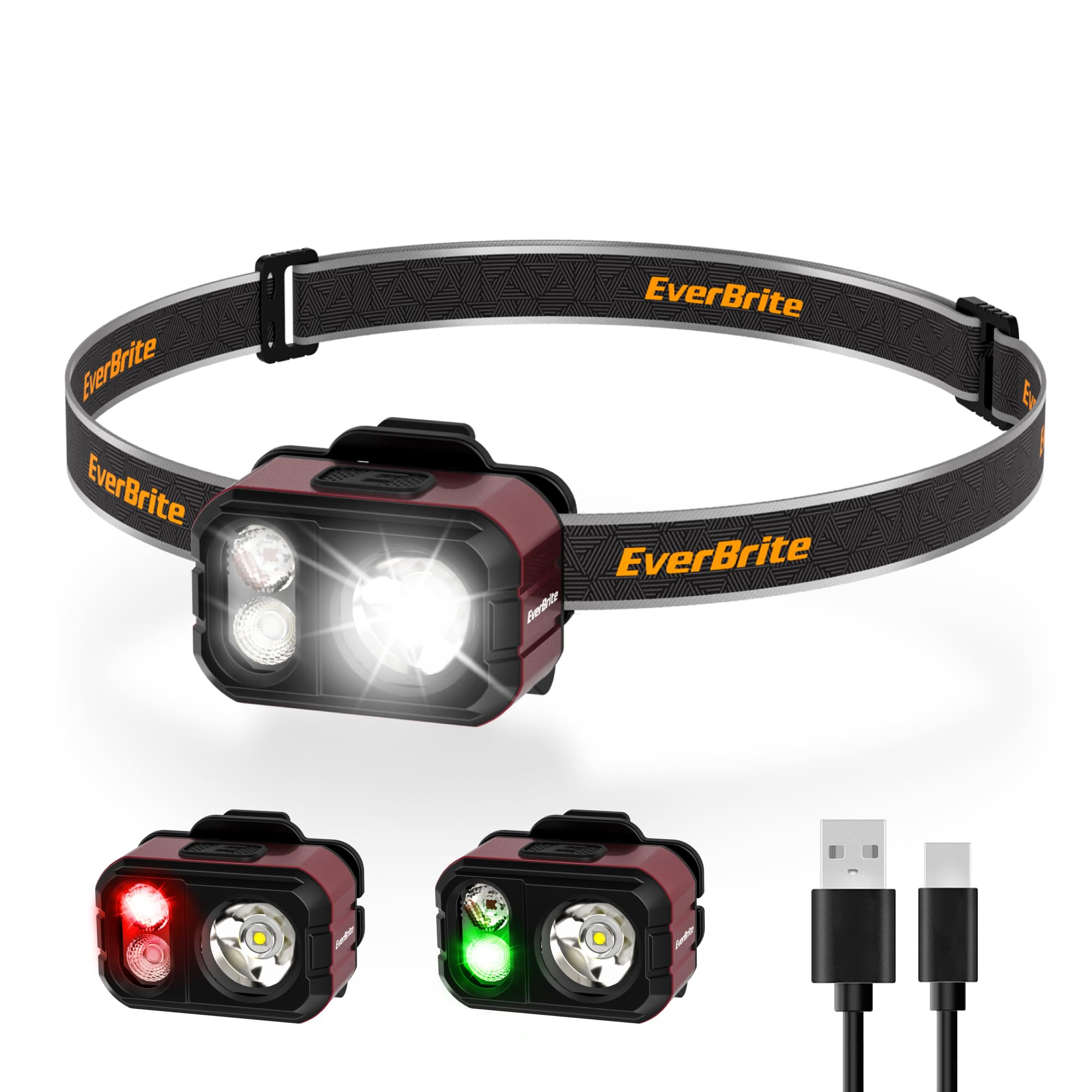 EverBrite 400LM Rechargeable Headlamp, 1.59 oz Lightweight & Comfortable Head Lamp with Hat Clip, IP67 Waterproof, White/Red/Gre
