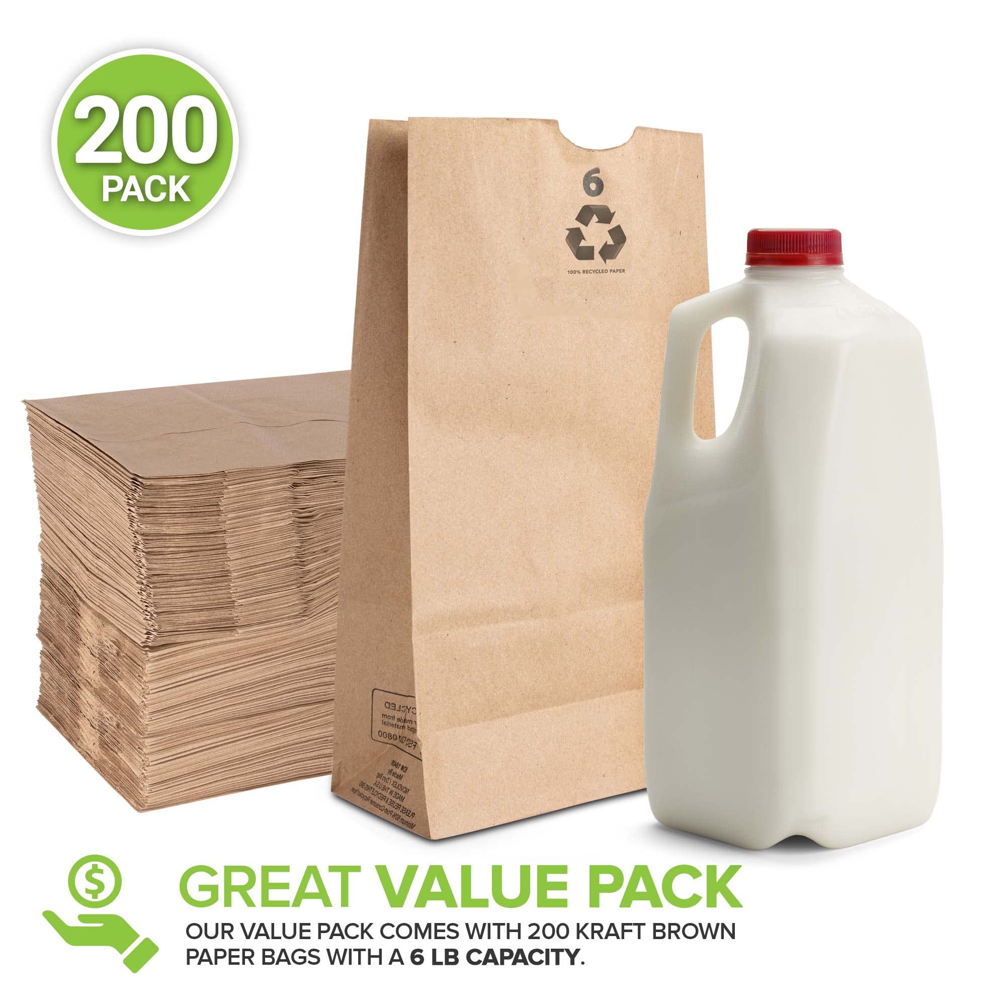 Stock Your Home 6 Lb Kraft Brown Paper Lunch Bags (200 Count) - Bulk Disposable Lunch Sacks, Medium Size Blank Bag For Kids, Goo