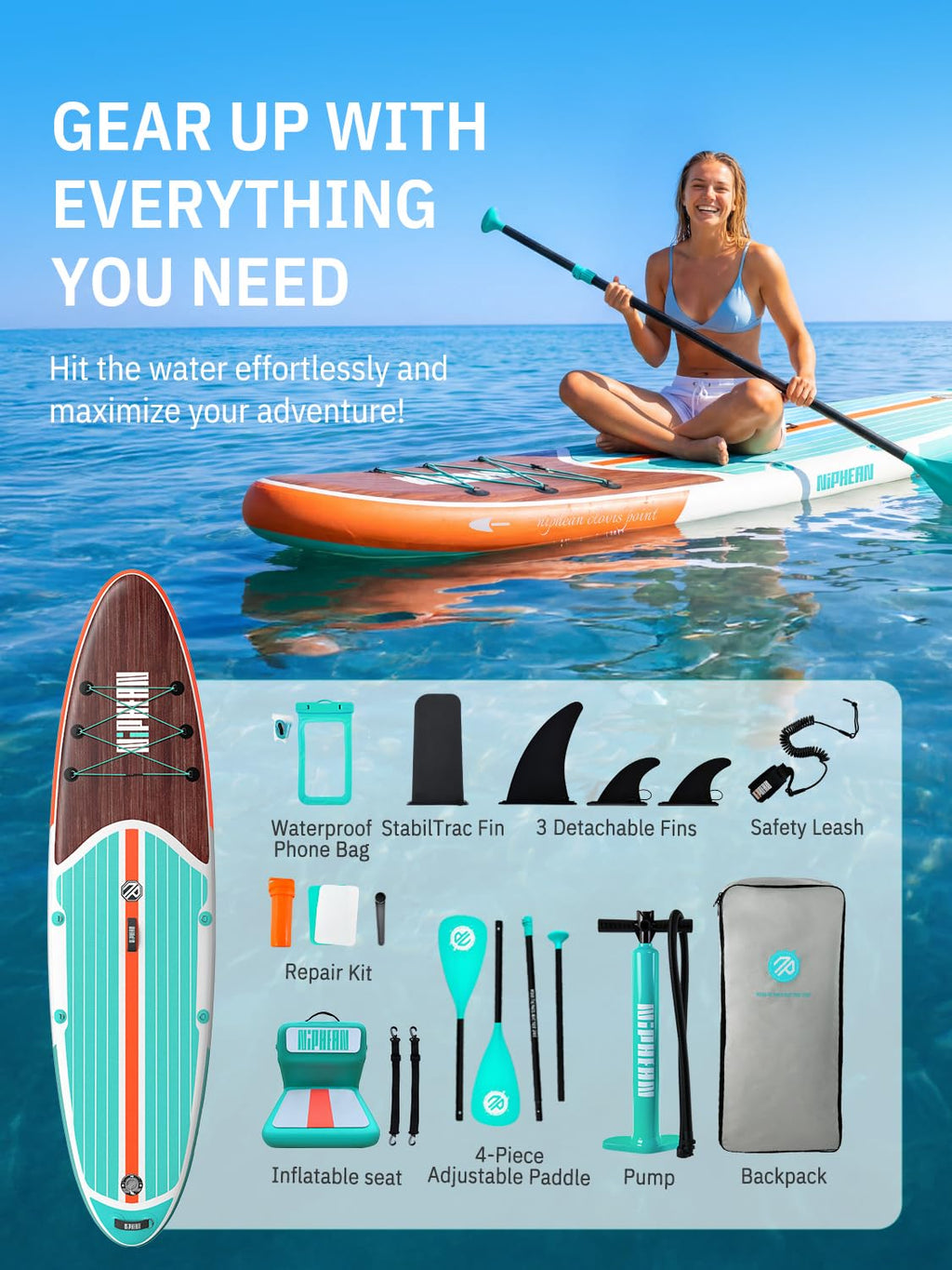 Niphean Paddle Board with Seat, 106 Paddleboard Inflatable Paddle Board with Seat Anti-Slip EVA Deck and StabilTrac Fin, Inflata