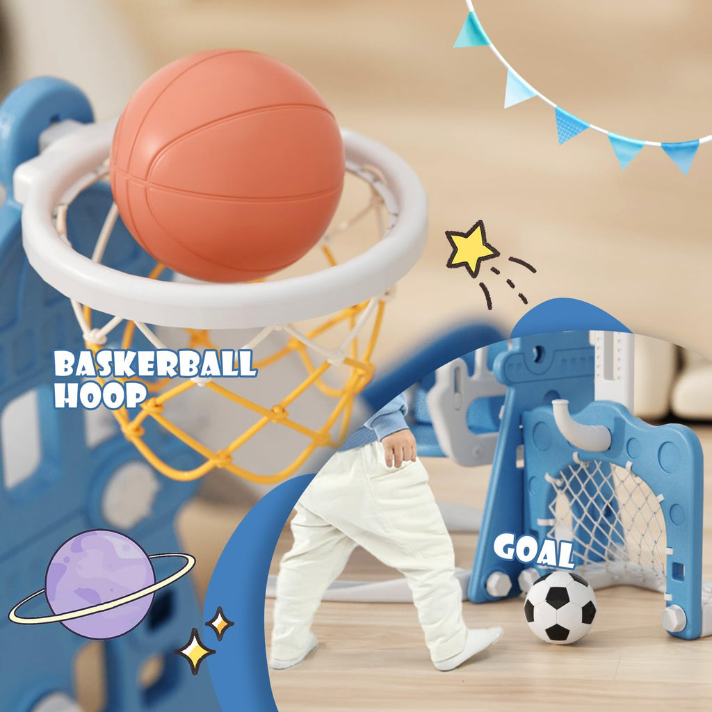 Korimefa 5-In-1 Kids Slide And Swing Set, Toddler Slide With Basketball Hoop, Swing, Outdoor Indoor Playground For Toddlers 1-3
