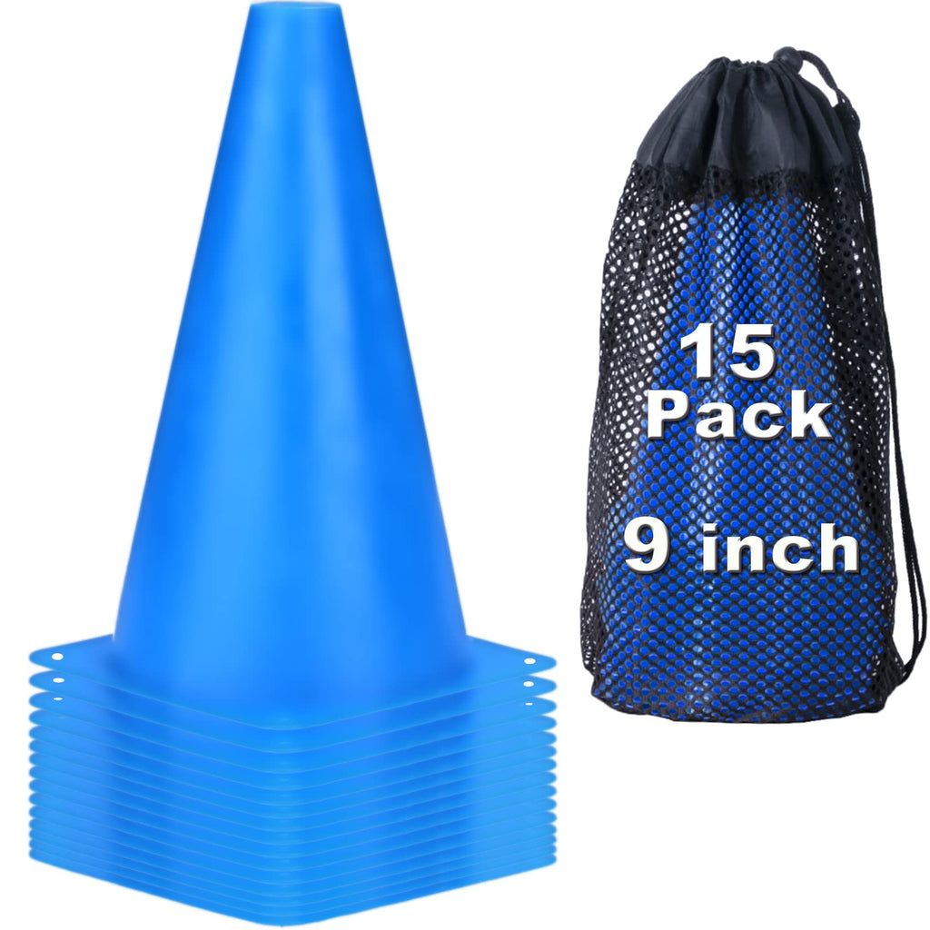 Cyrico 9 Inch Cones Sports, 15 Pack Soccer Training Cones Agility Field Parking Safety Blue Plastic Traffic Cones For Football B