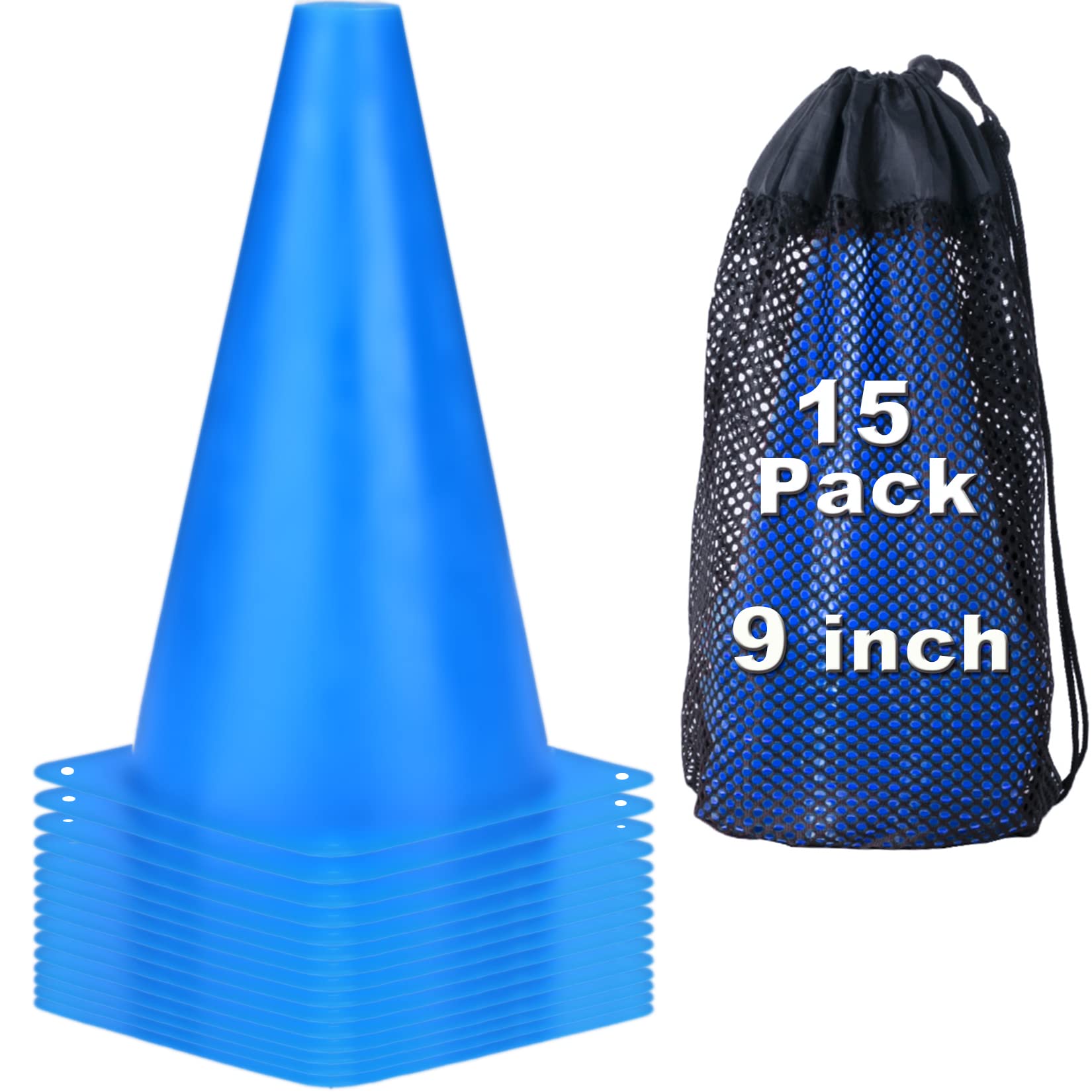Cyrico 9 Inch Cones Sports, 15 Pack Soccer Training Cones Agility Field Parking Safety Blue Plastic Traffic Cones For Football B