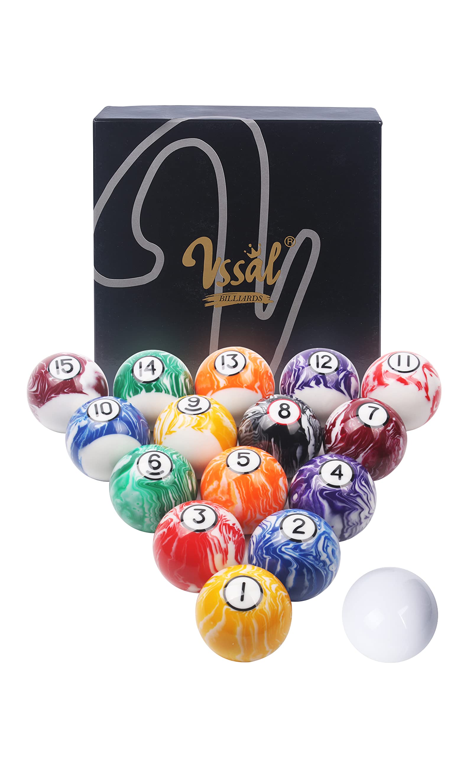 VSSAL Billiard Balls Set Pool Table Balls Marble-Swirl & Classic Style 16 Ball Set (Deluxe White Marble)