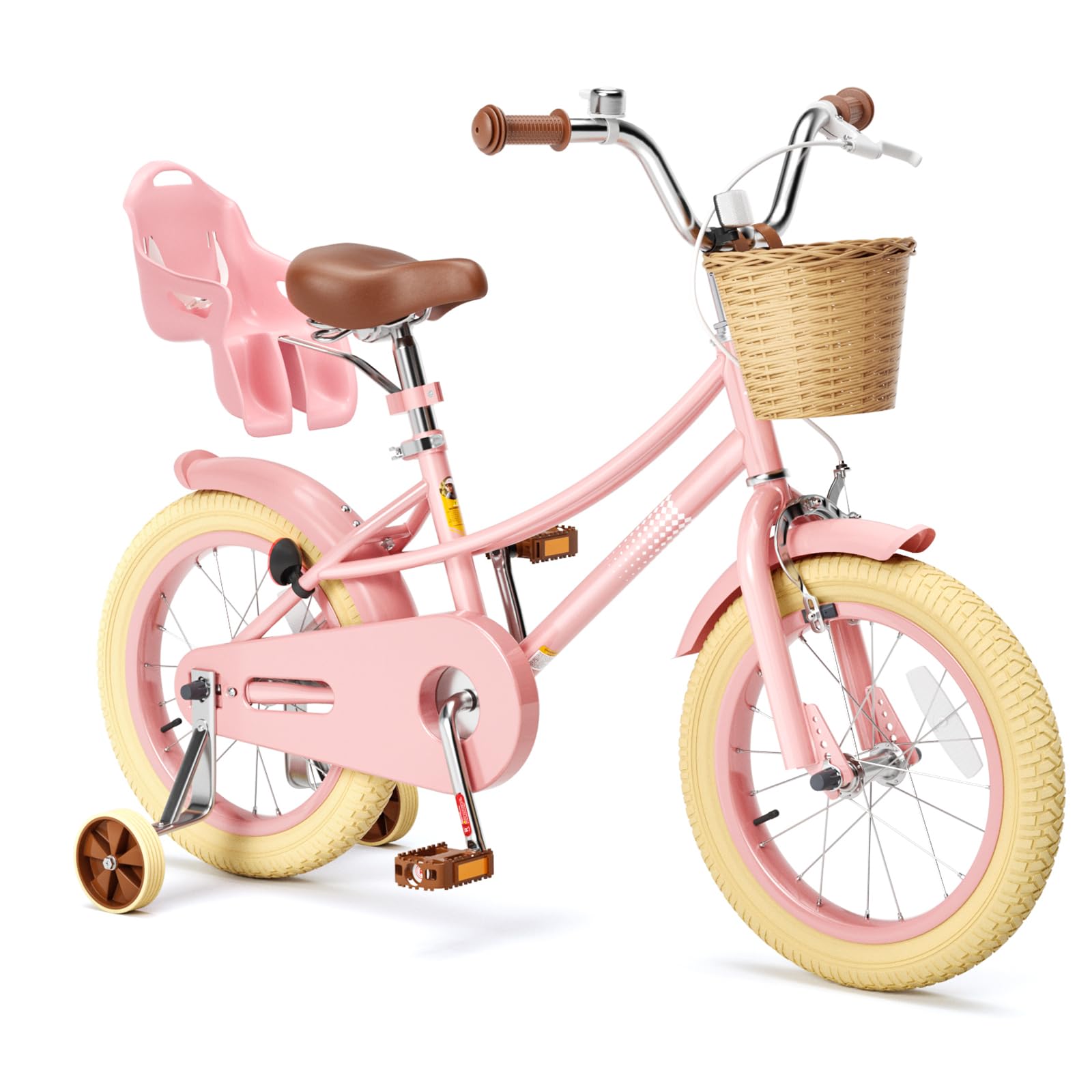 Glaf 16 Inch Girls Bike with Training Wheels Kids Bike for 4-7 Years Old with Basket & Doll Seat, Streamers, Bell, Bicycle for K