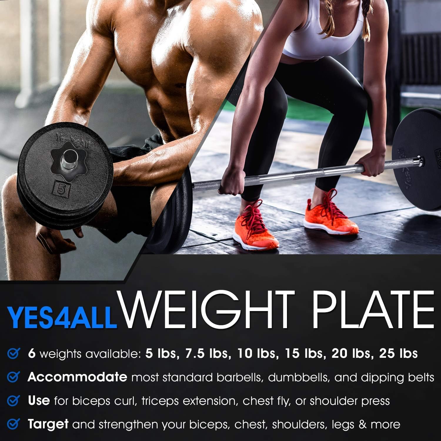 Yes4All Standard 1-Inch Cast Iron Weight Plates - 7.5Lbs X 4Pcs